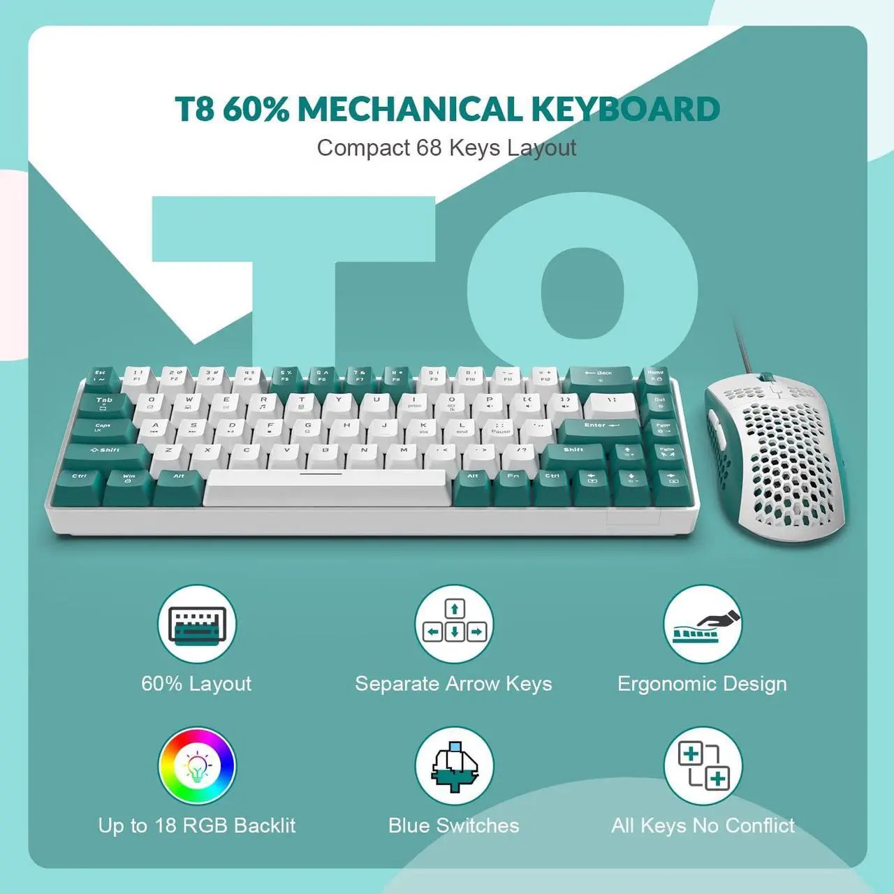 Alt view image 2 of 6 - 60% RGB Gaming Keyboard and Mouse Combo,Wired Mechanical Keyboard,68 Keys TKL Compact Mini Layout,Honeycomb Gaming Mouse,Up to 6400DPI,for PC MAC PS5 Xbox,Green White