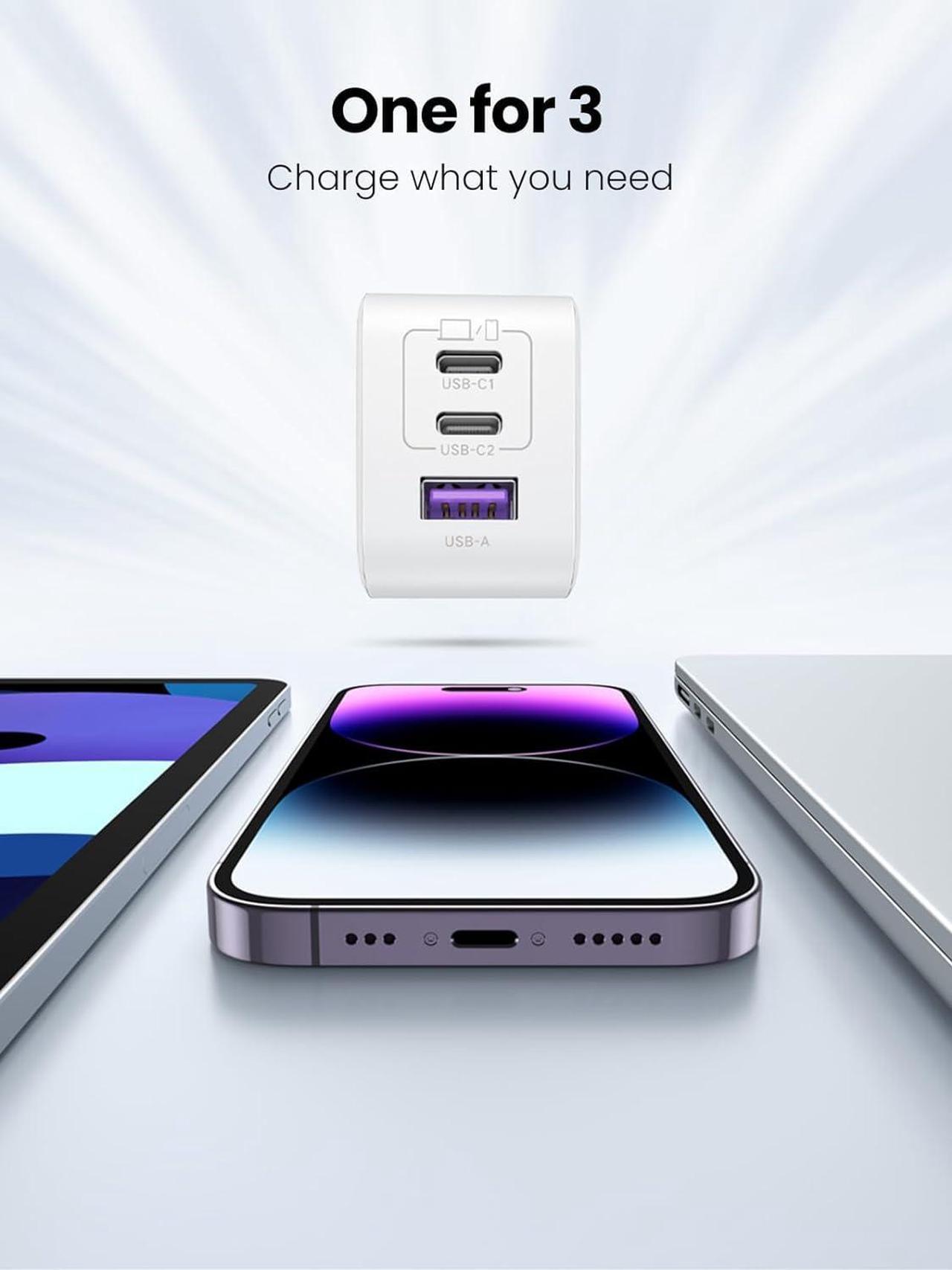 Alt view image 3 of 7 - UGREEN 65W USB C Charger, Nexode 3 Ports GaN Fast Charger Block, Compact Foldable Charger for MacBook Pro/Air, Dell XPS, iPhone 15 Pro Max/14/13, iPad Pro, Galaxy S24/S23, Pixel 8, Steam Deck - White