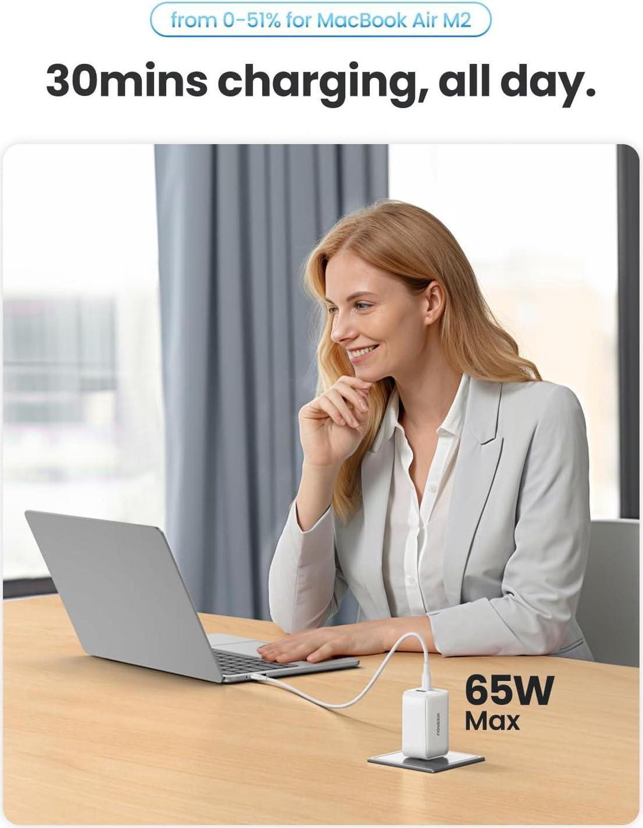 Alt view image 2 of 7 - UGREEN 65W USB C Charger, Nexode 3 Ports GaN Fast Charger Block, Compact Foldable Charger for MacBook Pro/Air, Dell XPS, iPhone 15 Pro Max/14/13, iPad Pro, Galaxy S24/S23, Pixel 8, Steam Deck - White