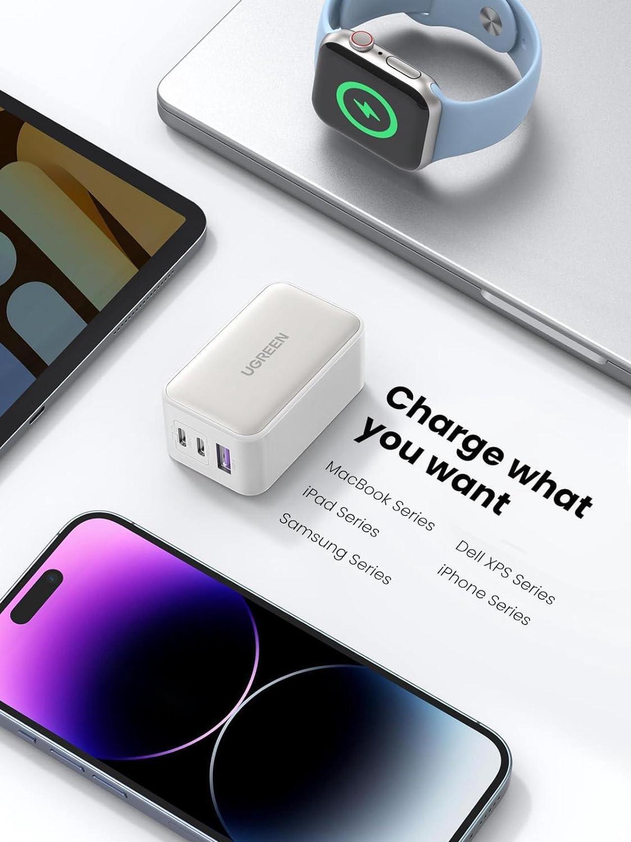 Alt view image 6 of 7 - UGREEN 65W USB C Charger, Nexode 3 Ports GaN Fast Charger Block, Compact Foldable Charger for MacBook Pro/Air, Dell XPS, iPhone 15 Pro Max/14/13, iPad Pro, Galaxy S24/S23, Pixel 8, Steam Deck - White