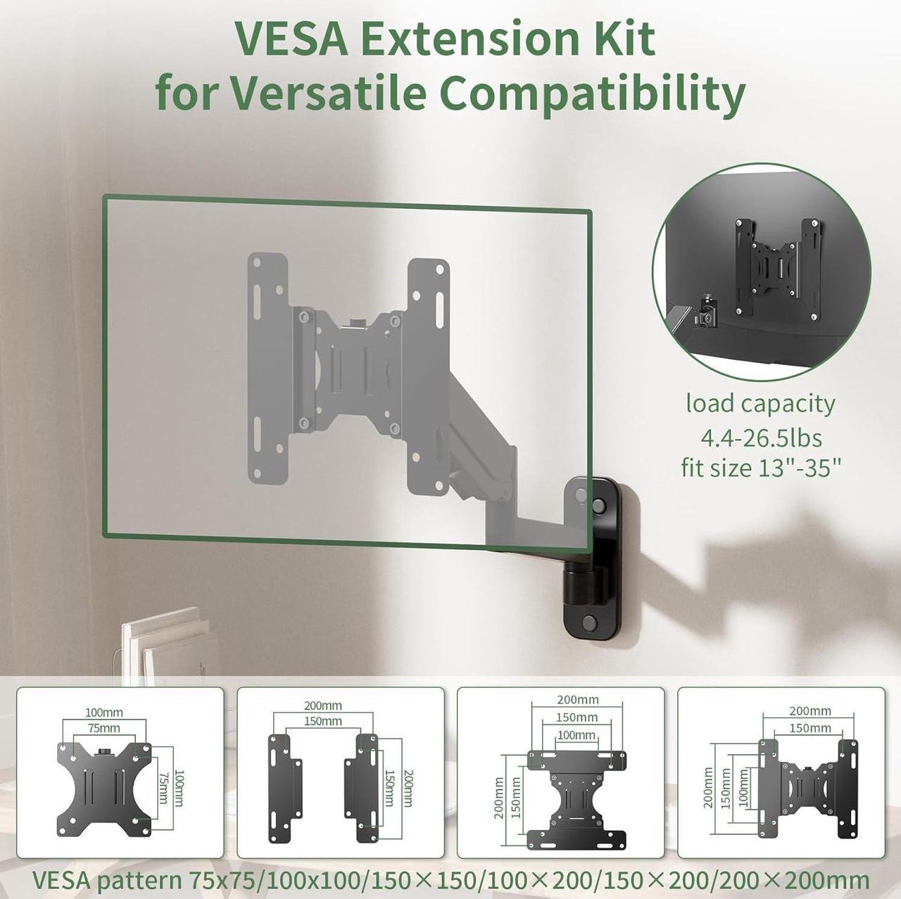 Alt view image 3 of 7 - Monitor Wall Mount, Computer Monitor Wall Mount for 13-35 inch Flat/Curved Screen, Gas Spring Height Adjustable Monitor Mount Wall Arm w/VESA Extension Kit, Max 200x200mm, Holds Max 26.5lbs