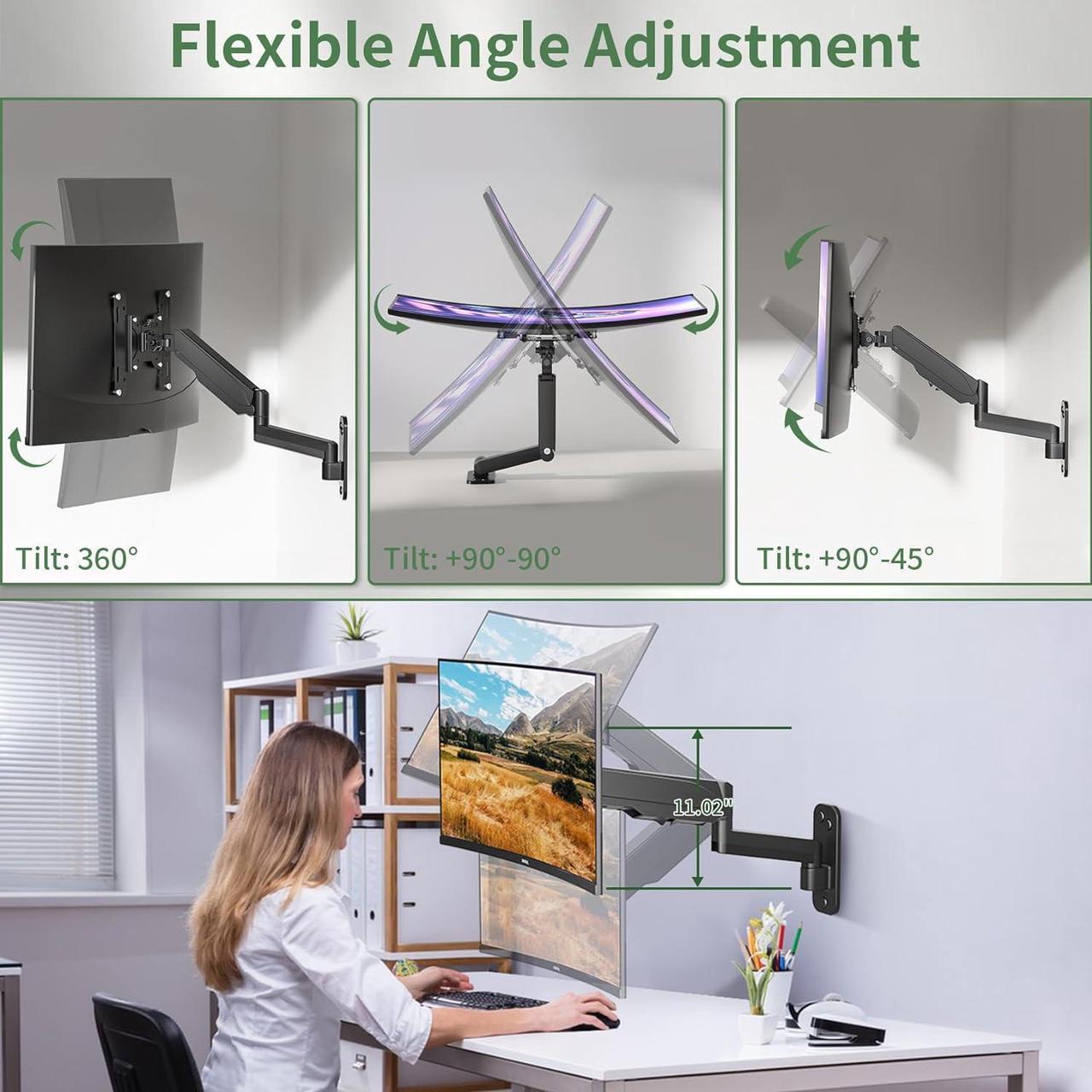 Alt view image 5 of 7 - Monitor Wall Mount, Computer Monitor Wall Mount for 13-35 inch Flat/Curved Screen, Gas Spring Height Adjustable Monitor Mount Wall Arm w/VESA Extension Kit, Max 200x200mm, Holds Max 26.5lbs