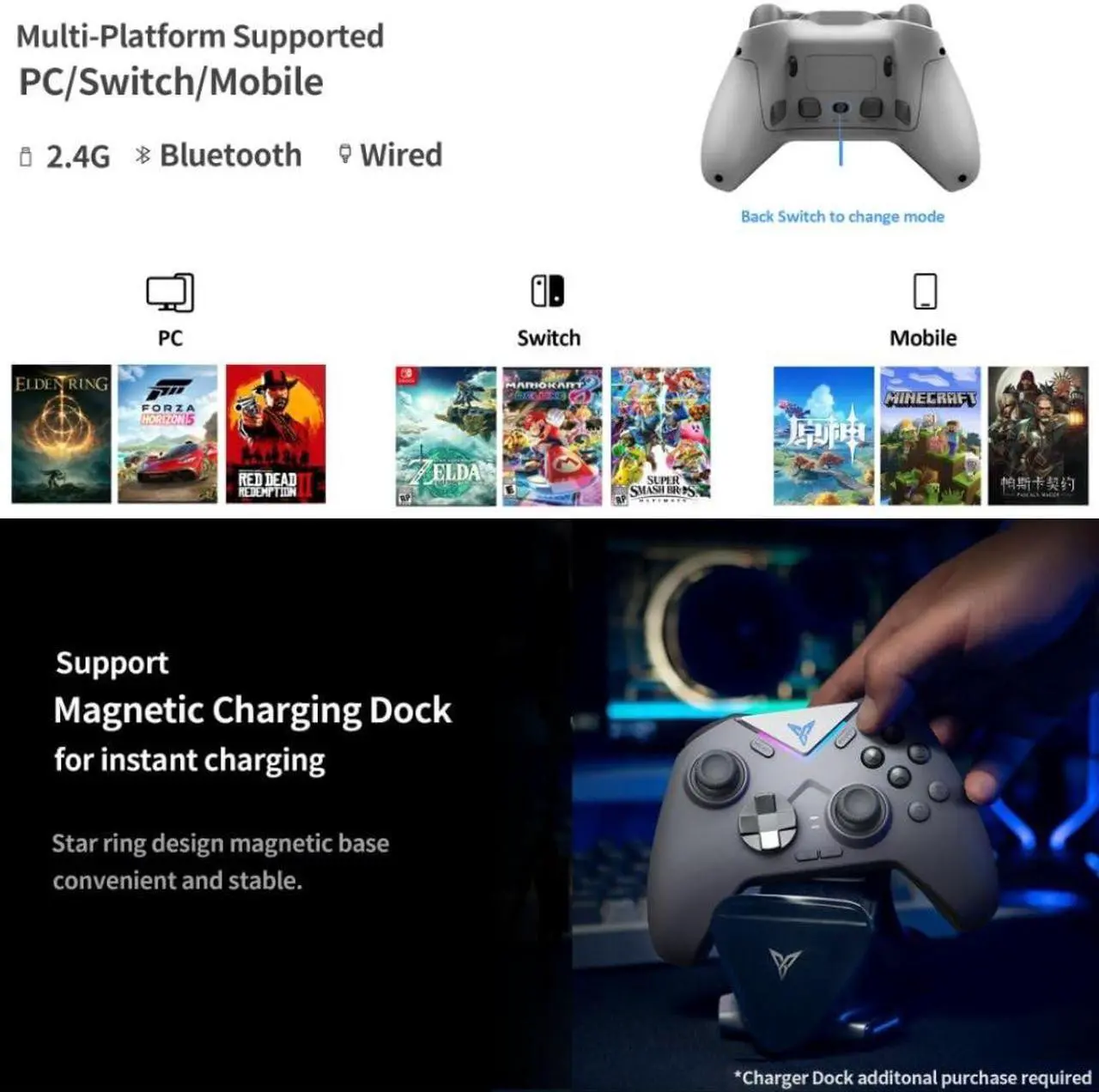 Main image of Vader 3 Wireless Game Controller, Hall Gaming Trigger and Microswitch Trigger Changable, Carbon Film Rocker, Dual-Motor Vibration, 3ms Ultra-Low Latency, 500Hz High Polling Rate, controller