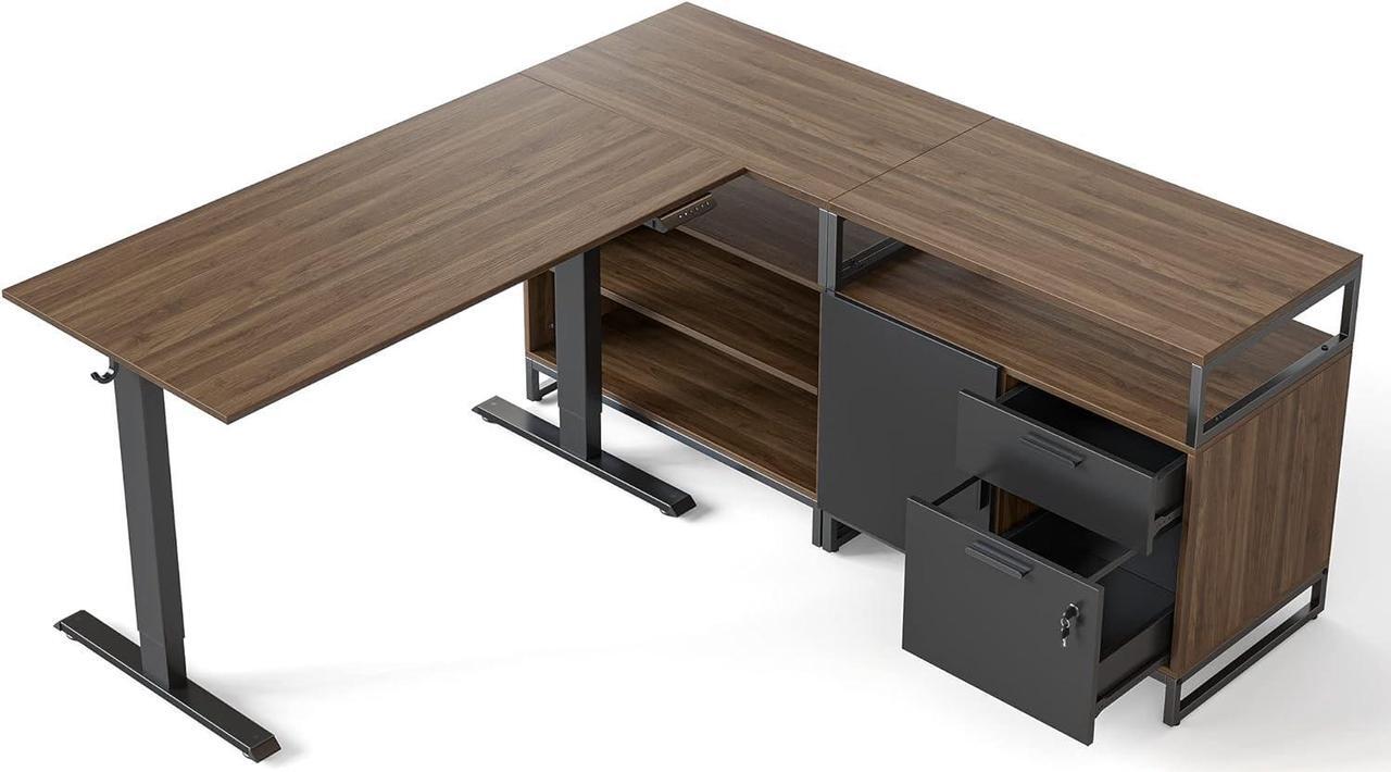 Main image of 66 Inch Executive L Shaped Standing Desk, Electric Height Adjustable Stand up Desk with 2-Drawer File Cabinet, Home Office Modern Wood Computer Desk with Shelves, Black Frame/Black Walnut Top