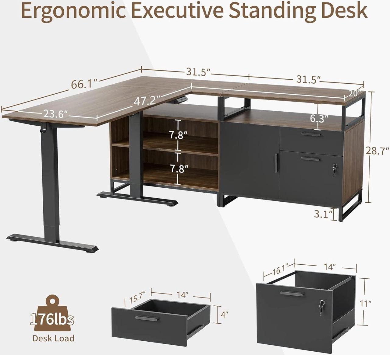 Alt view image 3 of 7 - 66 Inch Executive L Shaped Standing Desk, Electric Height Adjustable Stand up Desk with 2-Drawer File Cabinet, Home Office Modern Wood Computer Desk with Shelves, Black Frame/Black Walnut Top