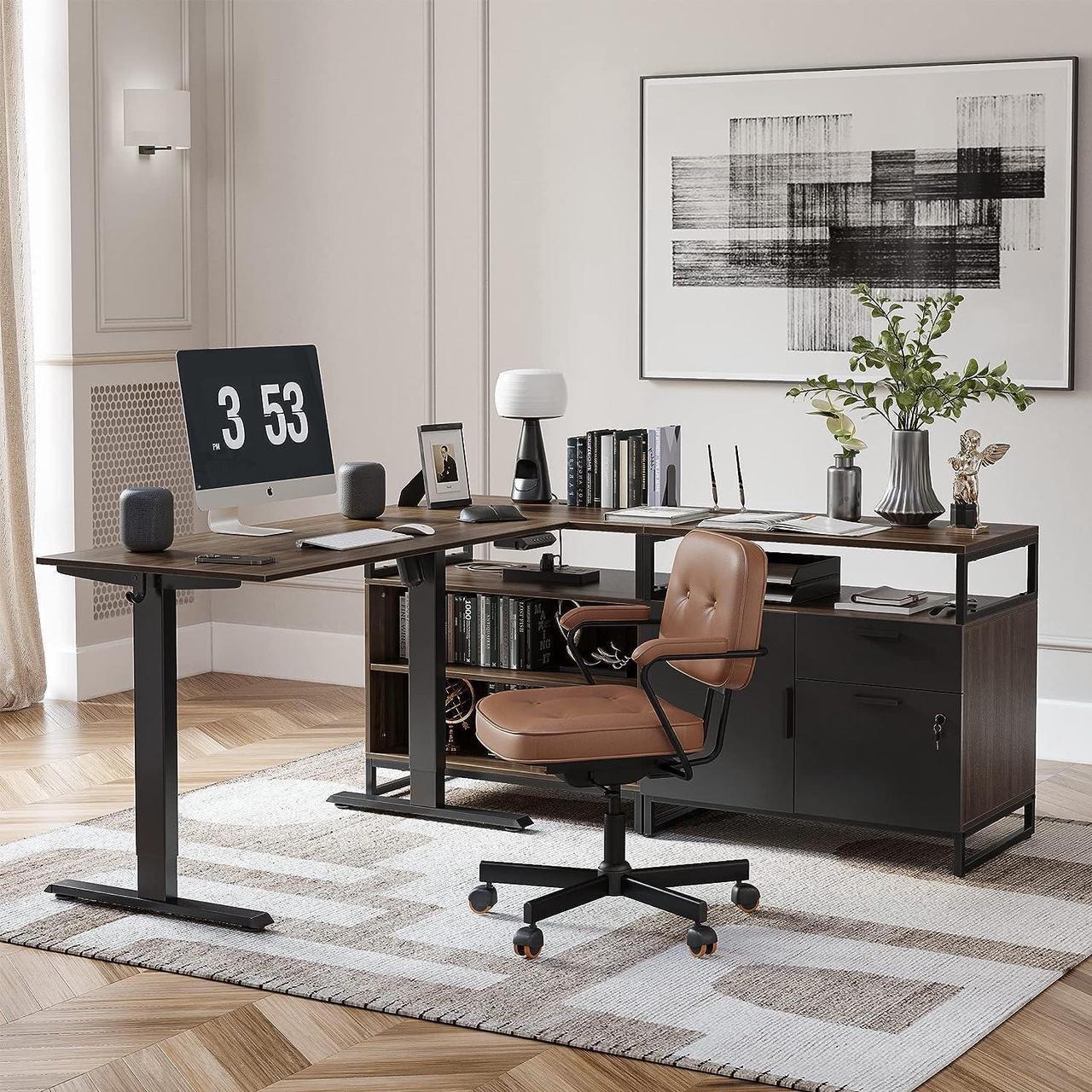 Alt view image 2 of 7 - 66 Inch Executive L Shaped Standing Desk, Electric Height Adjustable Stand up Desk with 2-Drawer File Cabinet, Home Office Modern Wood Computer Desk with Shelves, Black Frame/Black Walnut Top