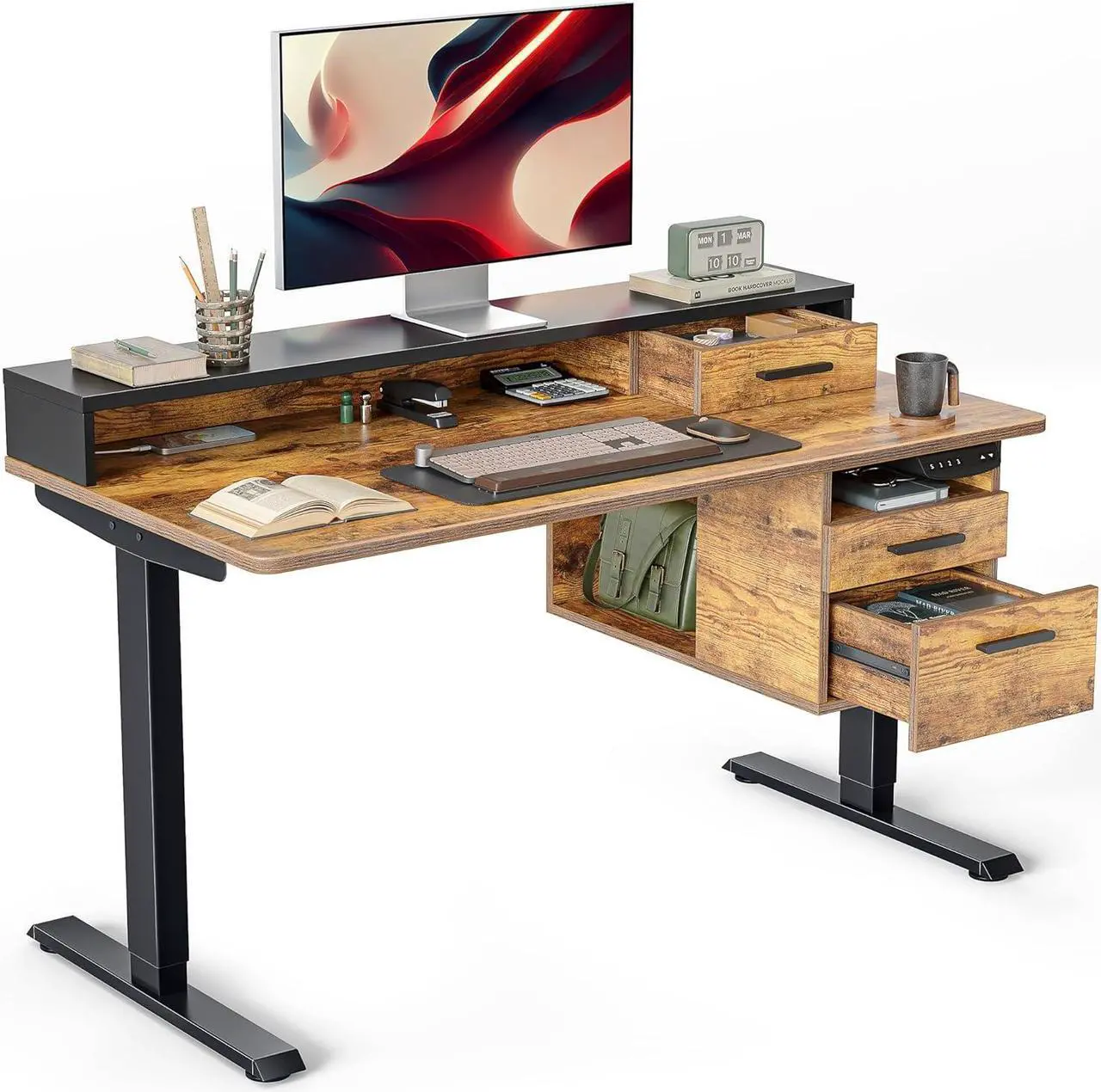 Main image of Whole-Piece Electric Standing Desk Adjustable Height with 3 Drawers, 48 x 24 inches Stand up Desk with Monitor Shelf, Sit Stand Rising Desk with Open Storage, Rustic Brown