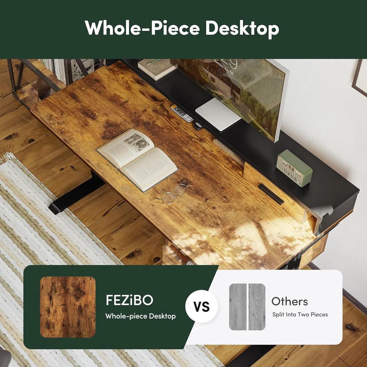 Alt view image 7 of 7 - Whole-Piece Electric Standing Desk Adjustable Height with 3 Drawers, 48 x 24 inches Stand up Desk with Monitor Shelf, Sit Stand Rising Desk with Open Storage, Rustic Brown
