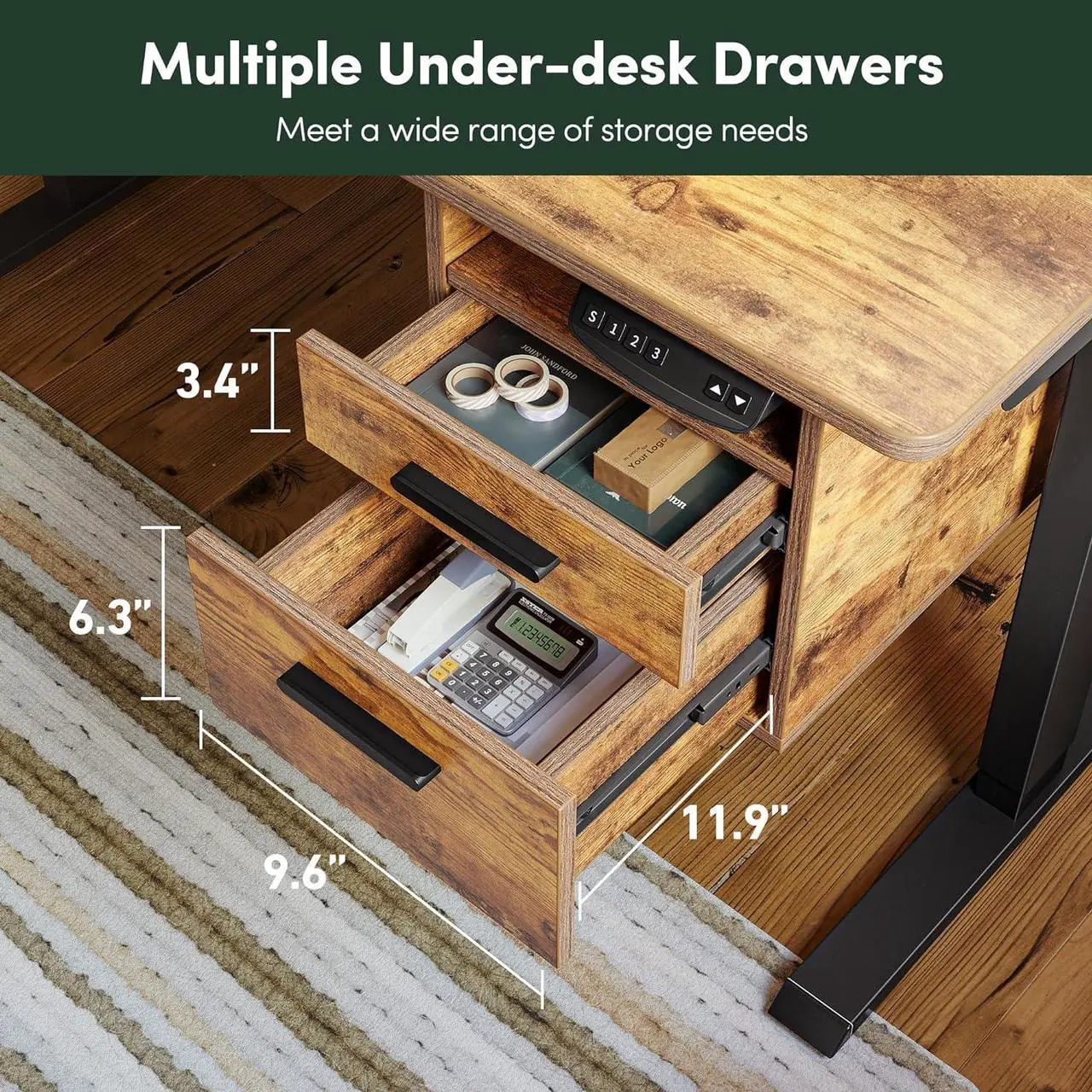 Alt view image 2 of 7 - Whole-Piece Electric Standing Desk Adjustable Height with 3 Drawers, 48 x 24 inches Stand up Desk with Monitor Shelf, Sit Stand Rising Desk with Open Storage, Rustic Brown