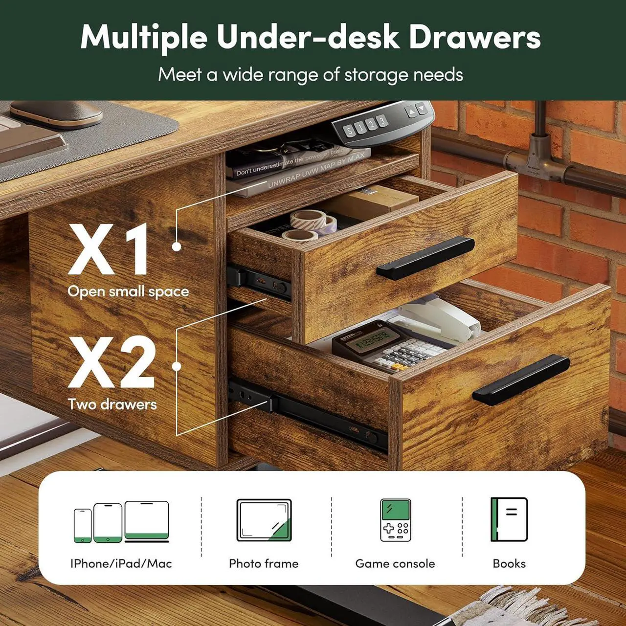 Alt view image 6 of 7 - Whole-Piece Electric Standing Desk Adjustable Height with 3 Drawers, 48 x 24 inches Stand up Desk with Monitor Shelf, Sit Stand Rising Desk with Open Storage, Rustic Brown