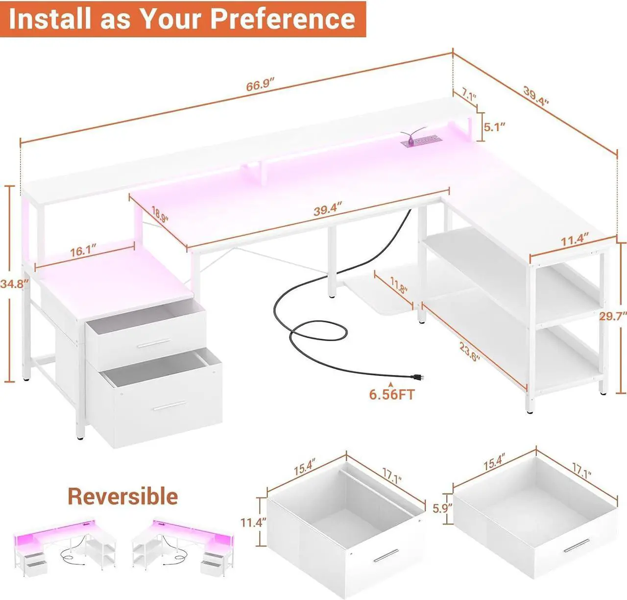 Alt view image 2 of 5 - 66" L Shaped Desk with File Drawer, Reversible L Shaped Computer Desk with Power Outlet & LED Strip, Gaming Desk with Long Monitor Stand, Office Desk Corner Desk with Storage Shelf, White