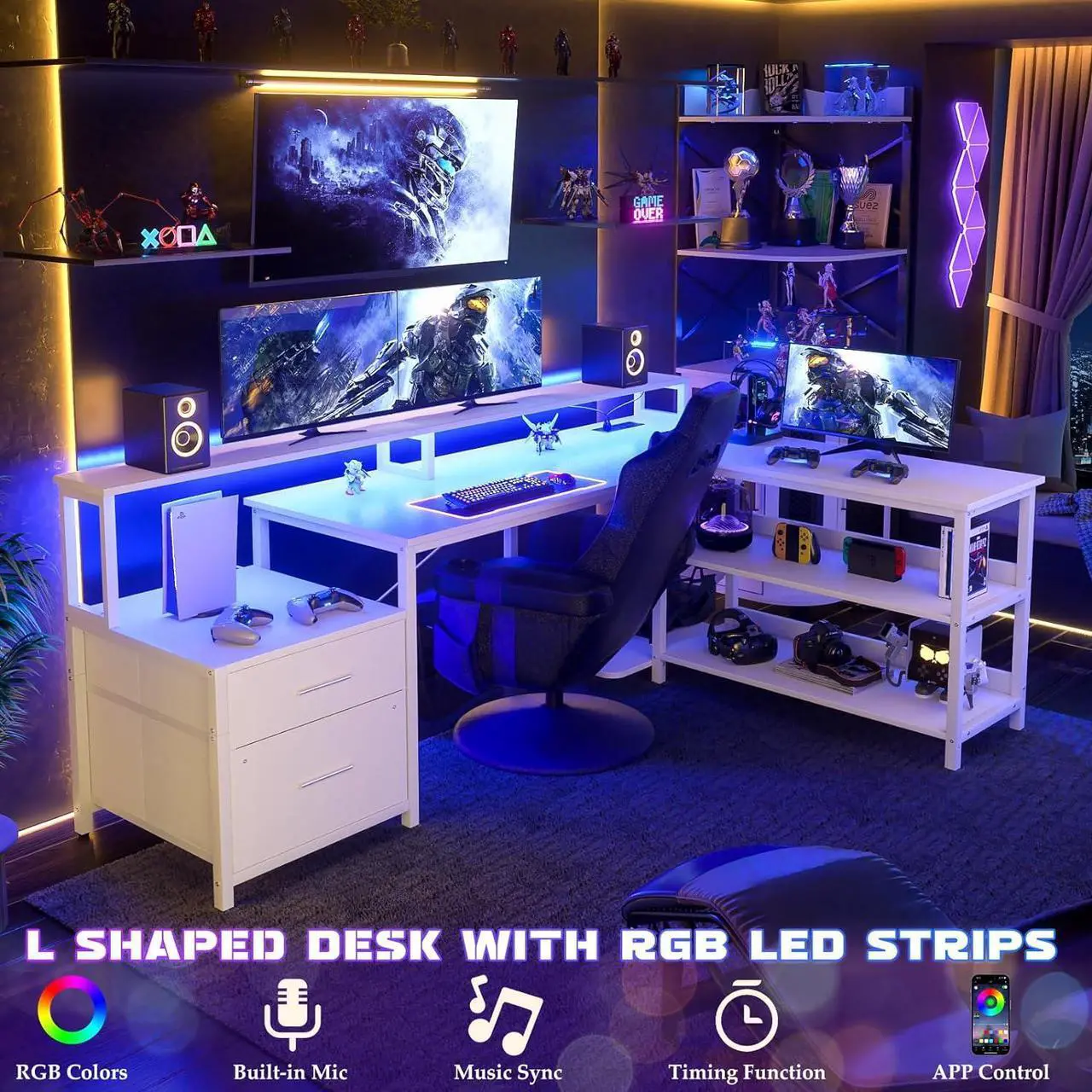 Alt view image 3 of 5 - 66" L Shaped Desk with File Drawer, Reversible L Shaped Computer Desk with Power Outlet & LED Strip, Gaming Desk with Long Monitor Stand, Office Desk Corner Desk with Storage Shelf, White