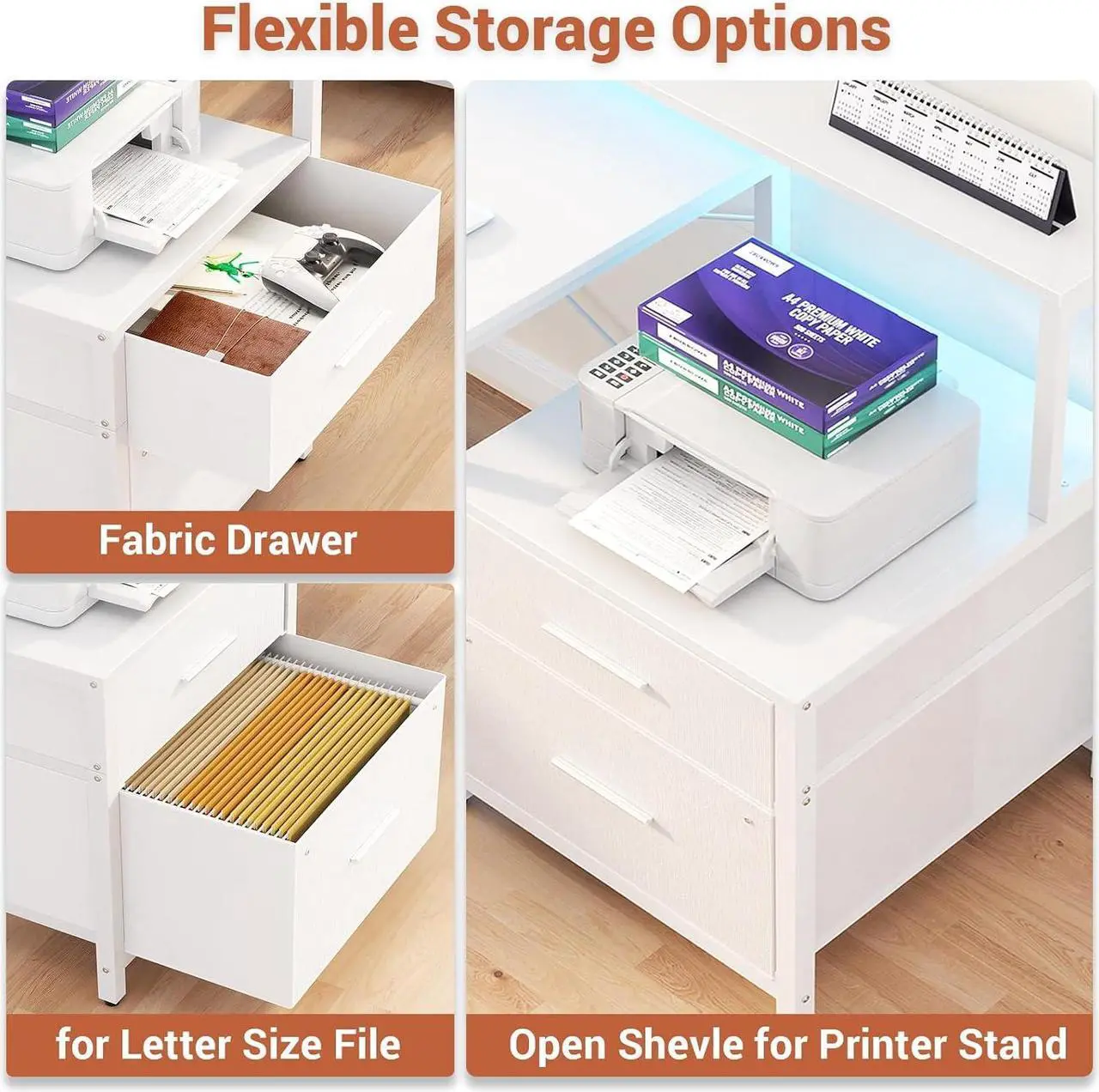 Alt view image 4 of 5 - 66" L Shaped Desk with File Drawer, Reversible L Shaped Computer Desk with Power Outlet & LED Strip, Gaming Desk with Long Monitor Stand, Office Desk Corner Desk with Storage Shelf, White