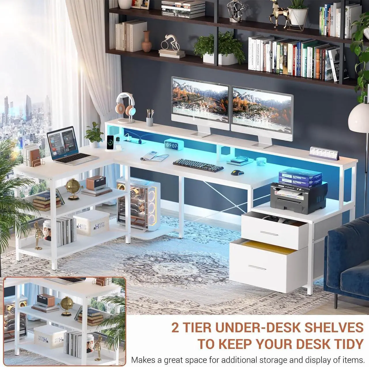 Alt view image 5 of 5 - 66" L Shaped Desk with File Drawer, Reversible L Shaped Computer Desk with Power Outlet & LED Strip, Gaming Desk with Long Monitor Stand, Office Desk Corner Desk with Storage Shelf, White