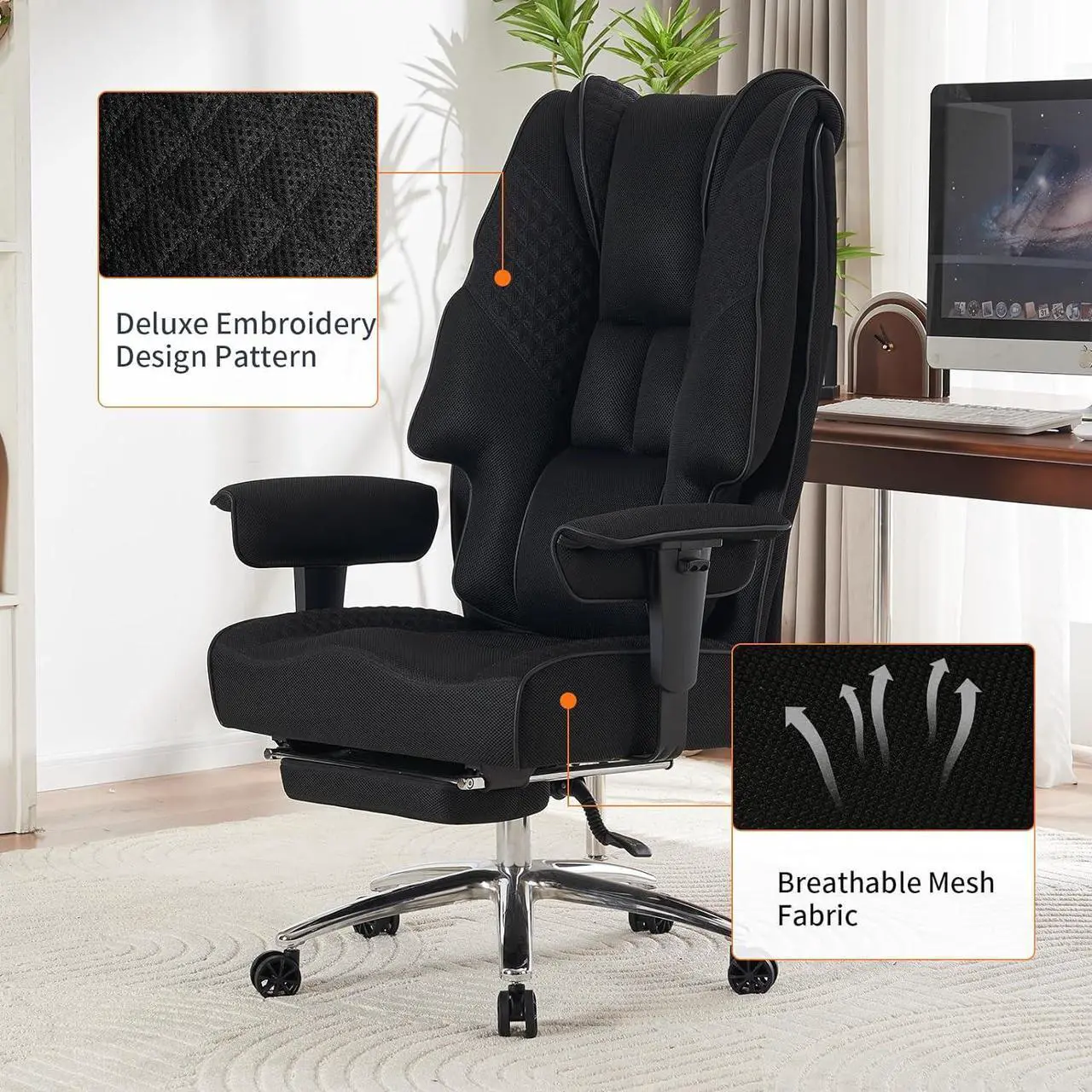 Alt view image 6 of 7 - Big and Tall Office Chair 400lbs Wide Seat, Mesh High Back Executive Office Chair with Foot Rest, Ergonomic Breathable Office Chair Lumbar Support for Lower Back Pain Relief (Mesh Black)