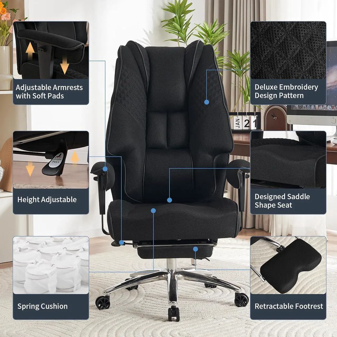 Alt view image 3 of 7 - Big and Tall Office Chair 400lbs Wide Seat, Mesh High Back Executive Office Chair with Foot Rest, Ergonomic Breathable Office Chair Lumbar Support for Lower Back Pain Relief (Mesh Black)
