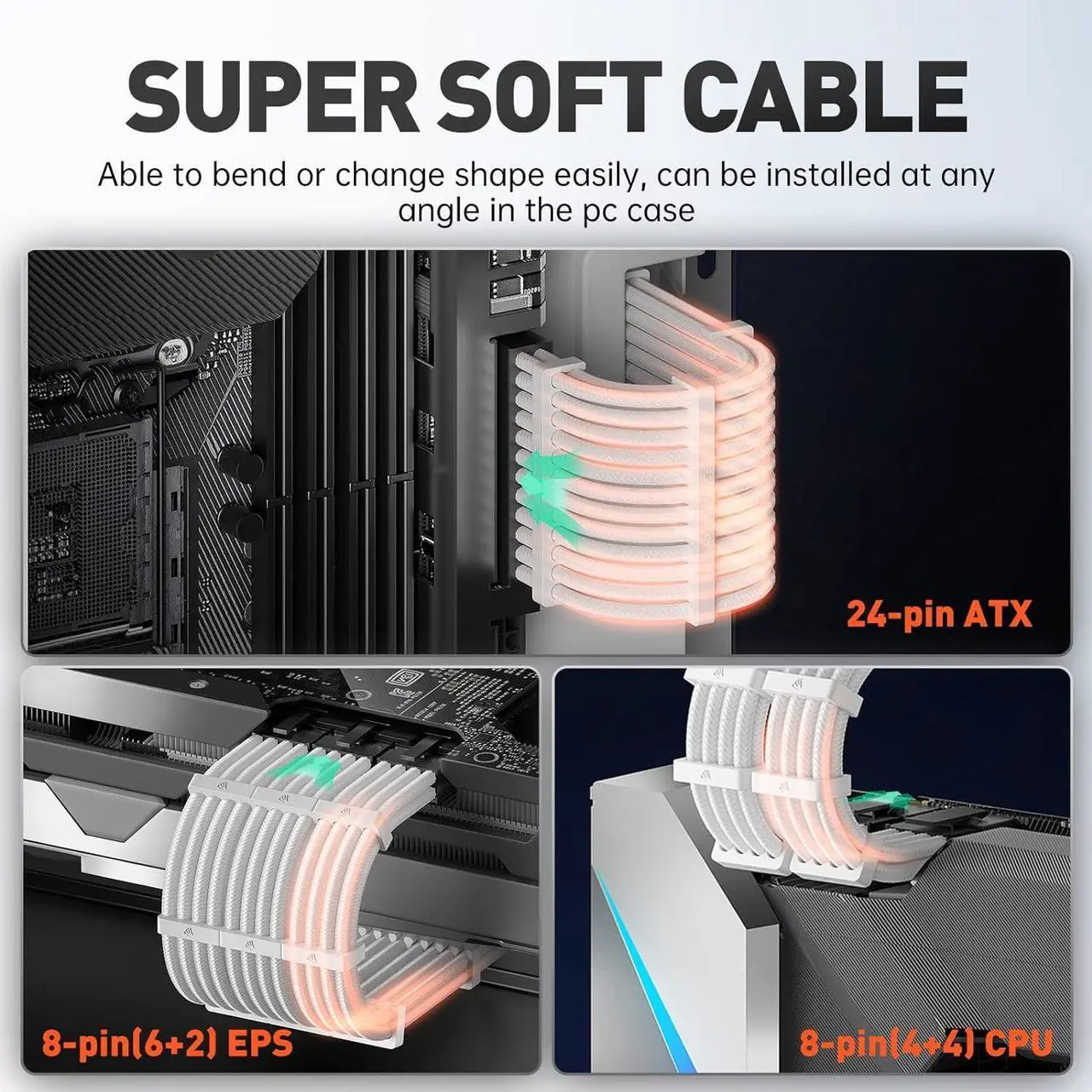 Alt view image 6 of 7 - 16AWG Pro Power Supply Sleeved Cable for Power Supply Extension Cable Wire Kit 1x24-PIN/ 2x8-PORT (4+4) M/B,3x8-PORT (6+2) PCI-E 30cm Length with Combs(White)