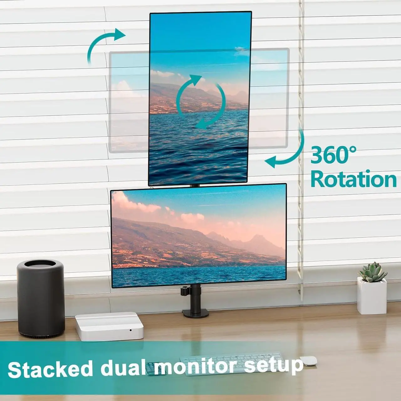 Alt view image 4 of 7 - Vertical Dual Monitor Stand, Stacked Monitor Mount for 2 Monitors Up to 32 inches, Computer Monitor Arm with Swivel, Tilt, Height Adjustable, Each Monitor Desk Mount Holds up to 17.6 lbs