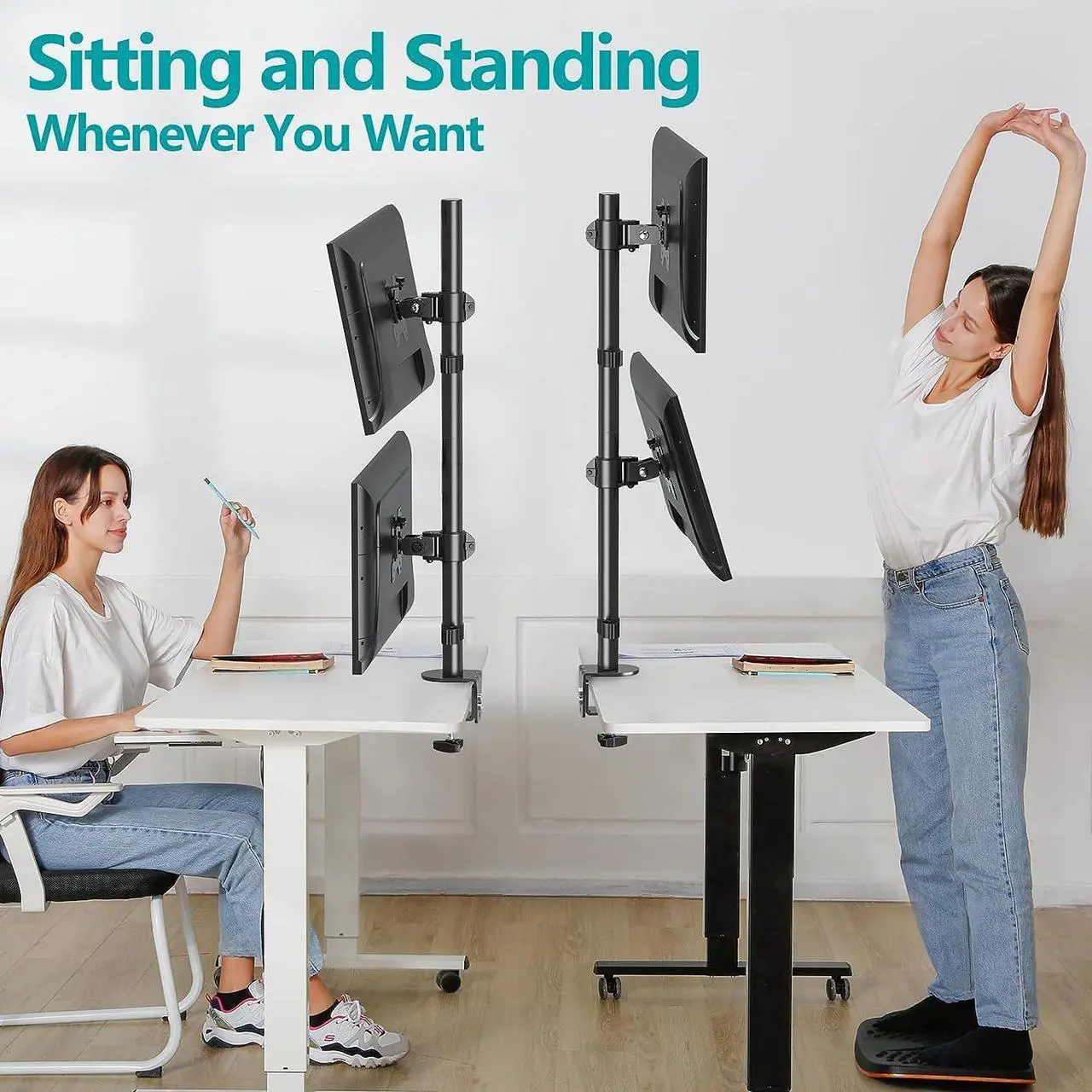 Alt view image 2 of 7 - Vertical Dual Monitor Stand, Stacked Monitor Mount for 2 Monitors Up to 32 inches, Computer Monitor Arm with Swivel, Tilt, Height Adjustable, Each Monitor Desk Mount Holds up to 17.6 lbs