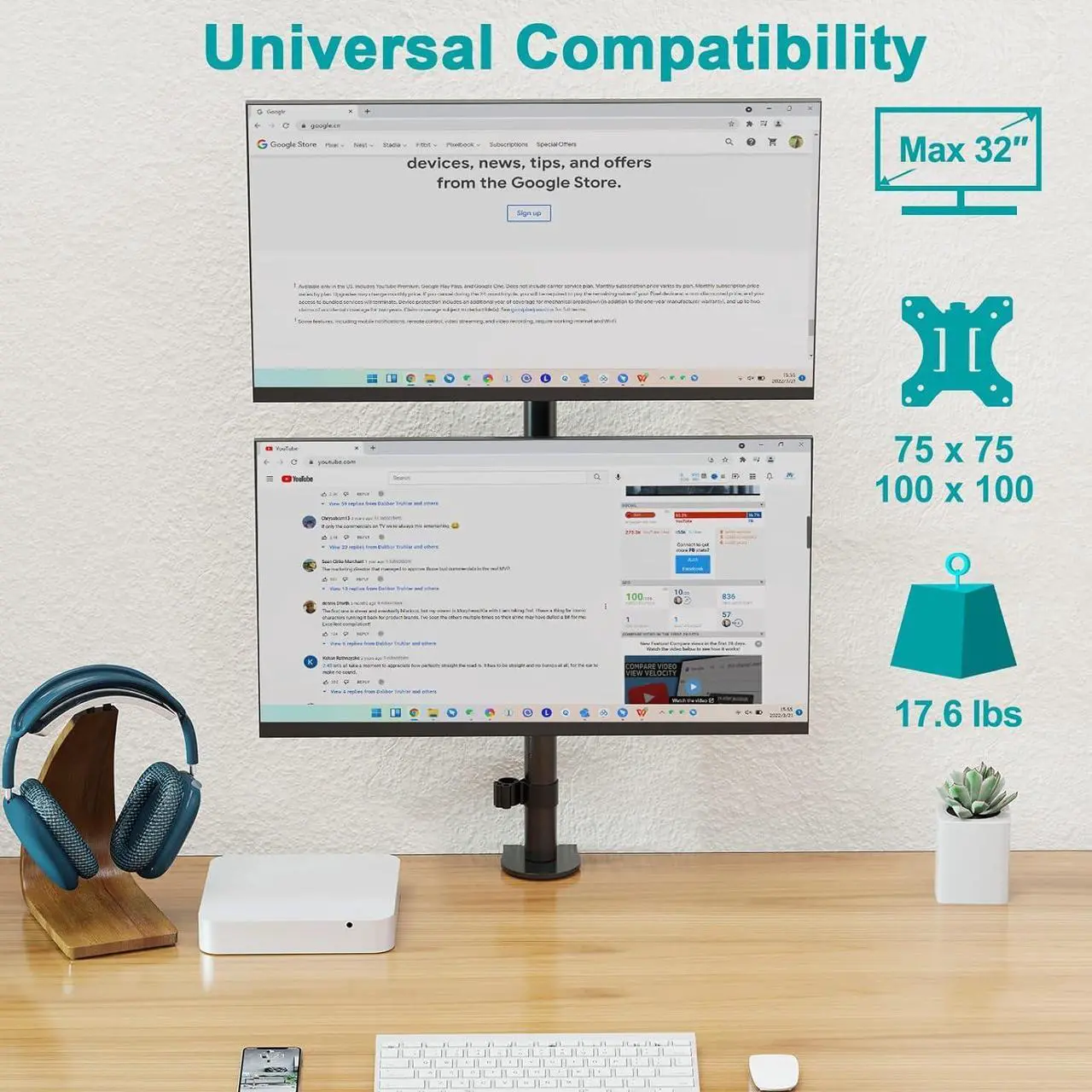 Alt view image 3 of 7 - Vertical Dual Monitor Stand, Stacked Monitor Mount for 2 Monitors Up to 32 inches, Computer Monitor Arm with Swivel, Tilt, Height Adjustable, Each Monitor Desk Mount Holds up to 17.6 lbs