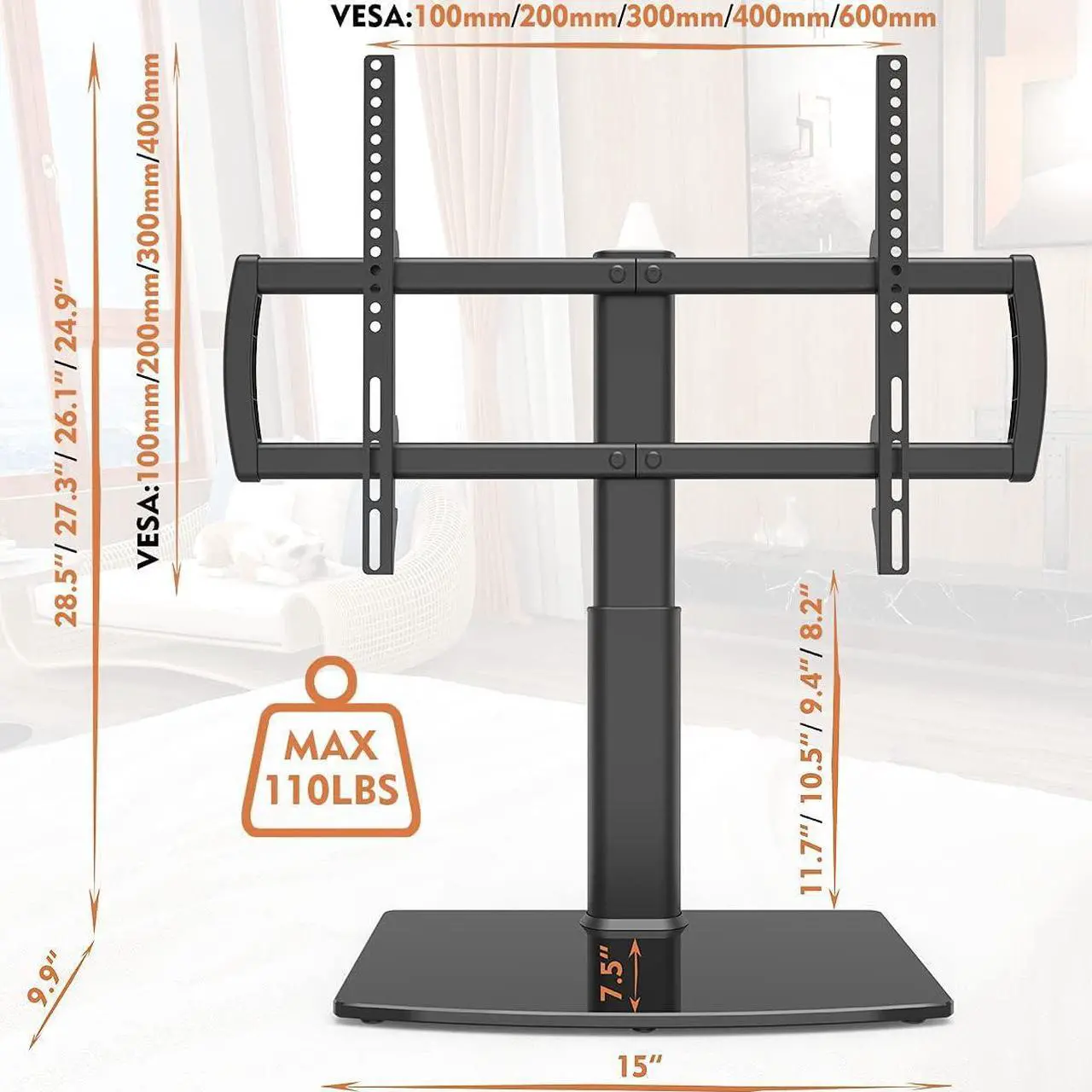Alt view image 4 of 7 - Universal Tabletop TV Stand with Wall Mount for 32 to 70 inch 4 Level Height Adjustable, Heavy Duty Tempered Glass Base, Holds up to 110lbs Screens