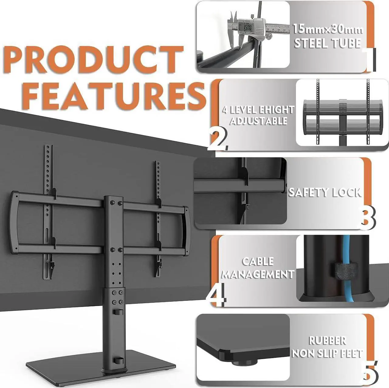 Alt view image 3 of 7 - Universal Tabletop TV Stand with Wall Mount for 32 to 70 inch 4 Level Height Adjustable, Heavy Duty Tempered Glass Base, Holds up to 110lbs Screens