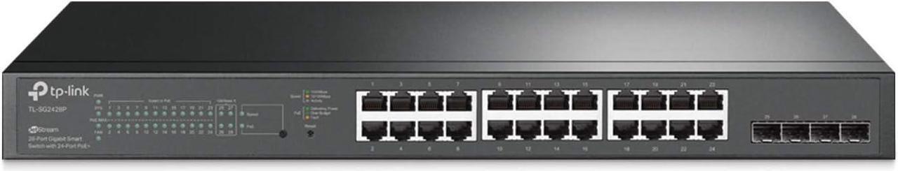 Main image of TP-Link TL-SG2428P | Jetstream 24 Port Gigabit Smart Managed PoE Switch | 24 PoE+ Ports @250W, 4 SFP Slots | Omada SDN Integrated | PoE Recovery | IPv6 | Static Routing | Limited Lifetime Protection