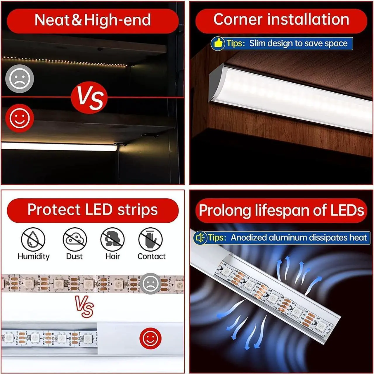 Alt view image 7 of 7 - Cabinet Lighting, 4pcs 12" V-Shape Bright LED Light Bars for Under Cabinet, Gun Safe, Locker, Closet, Under Counter, Shelf, Showcase - 1200lm 12W - Pure White (6000K)
