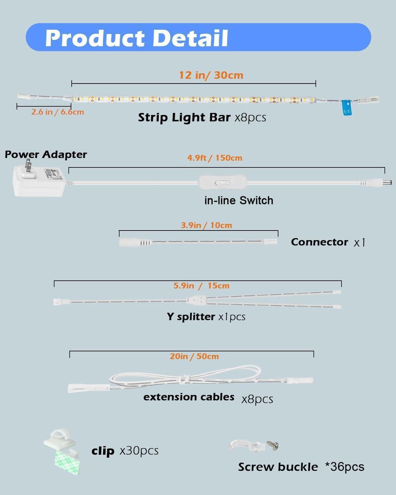 Alt view image 6 of 7 - LED Under Shelf Lighting Kit, (8) Linkable 12-Inch Light Strips Set, 20W 2000lm Daylight White, Flexible & Durable for Bookcases, Cabinets, Pantries, Showcase, Closet (Cool White)