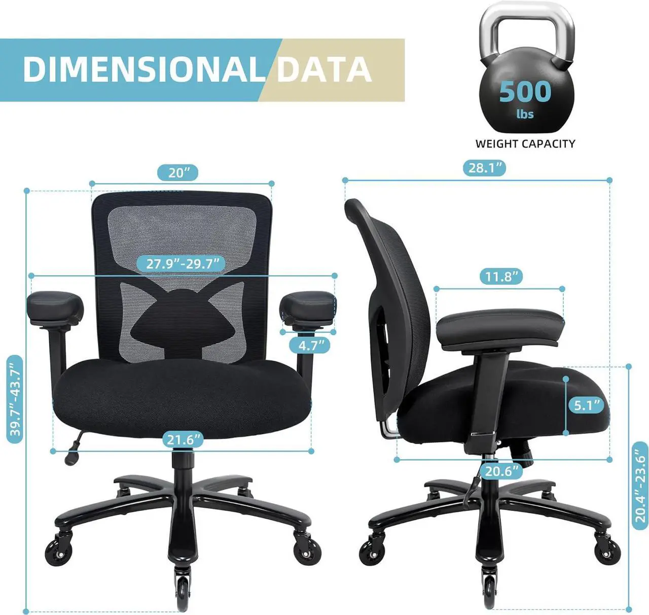 Alt view image 3 of 7 - Big and Tall Office Chair 500lbs - Ergonomic Mesh Desk Chair, Heavy Duty Computer Chair-Wide Thick Seat Cushion, Adjustable Lumbar Support, Metal Base, Rubber Wheels, 4D Armrests