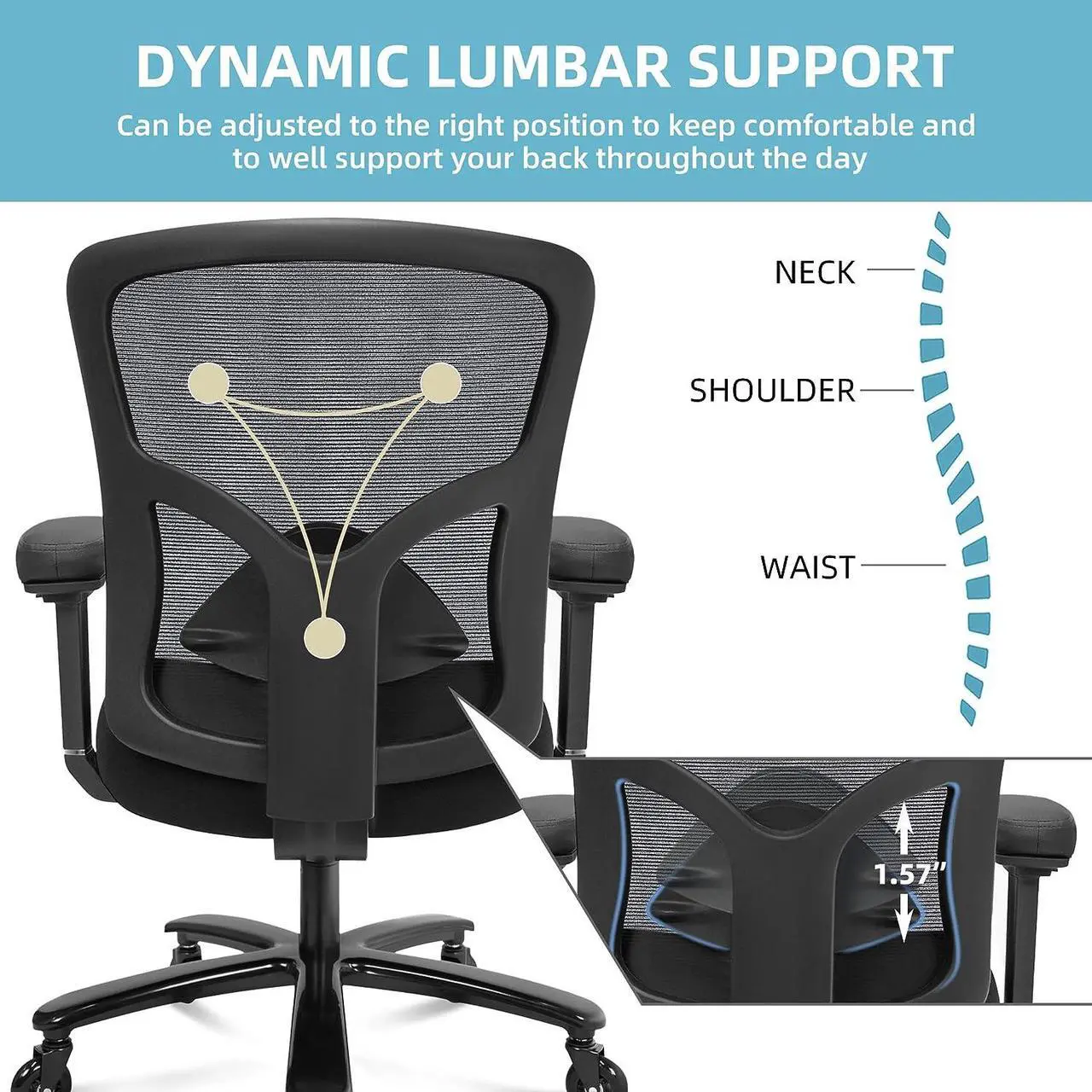 Alt view image 4 of 7 - Big and Tall Office Chair 500lbs - Ergonomic Mesh Desk Chair, Heavy Duty Computer Chair-Wide Thick Seat Cushion, Adjustable Lumbar Support, Metal Base, Rubber Wheels, 4D Armrests