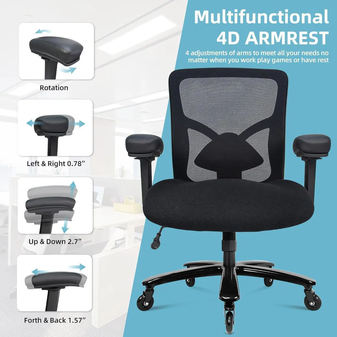 Alt view image 5 of 7 - Big and Tall Office Chair 500lbs - Ergonomic Mesh Desk Chair, Heavy Duty Computer Chair-Wide Thick Seat Cushion, Adjustable Lumbar Support, Metal Base, Rubber Wheels, 4D Armrests