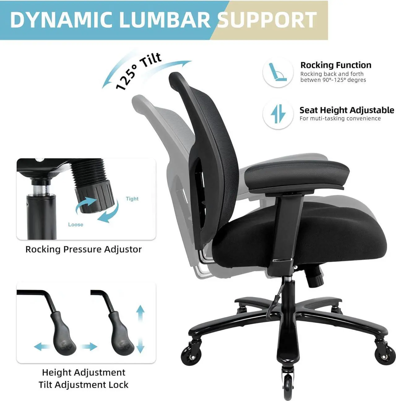 Alt view image 7 of 7 - Big and Tall Office Chair 500lbs - Ergonomic Mesh Desk Chair, Heavy Duty Computer Chair-Wide Thick Seat Cushion, Adjustable Lumbar Support, Metal Base, Rubber Wheels, 4D Armrests