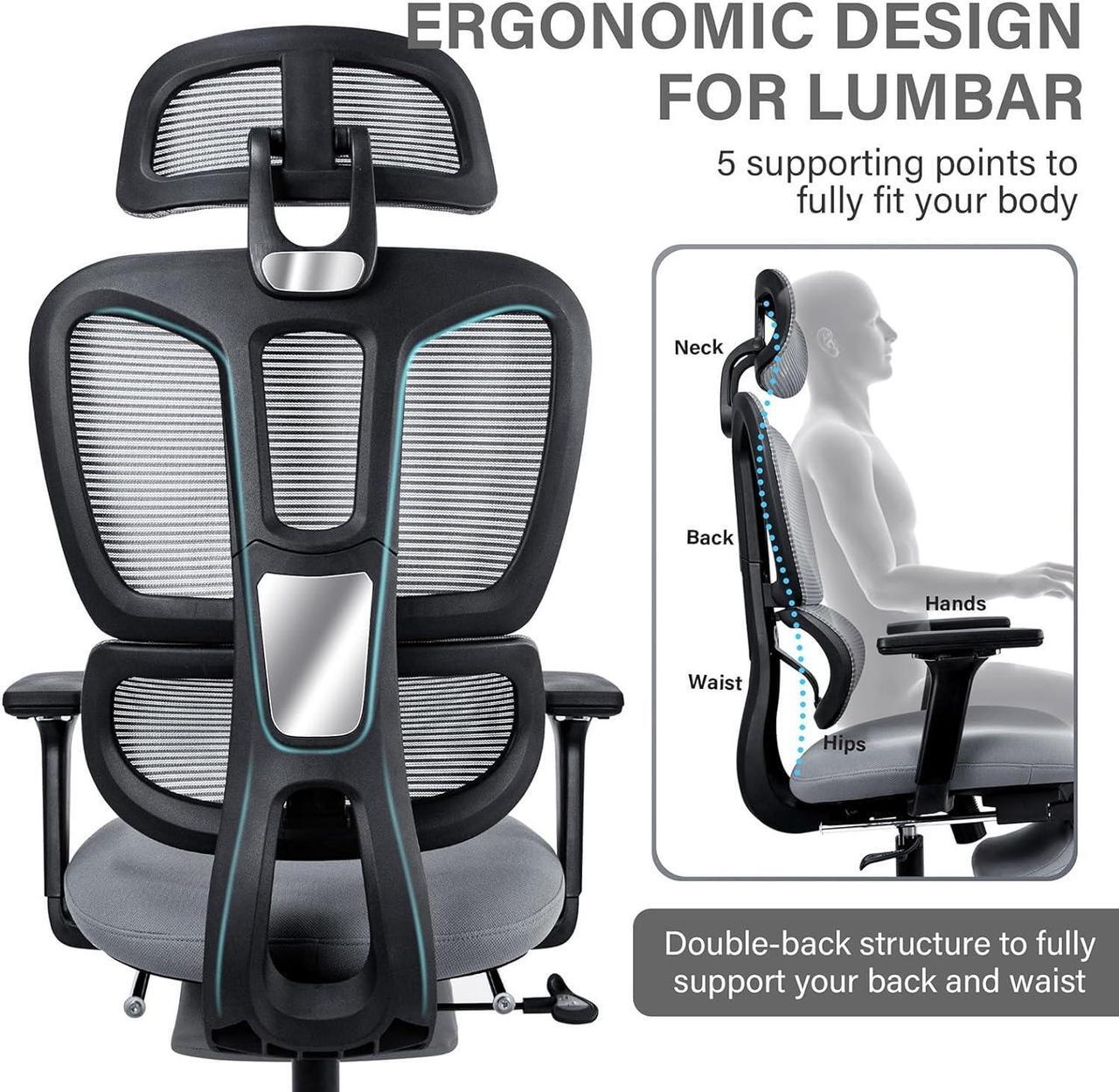Alt view image 5 of 7 - Ergonomic Office Chair with Footrest, High Back Computer Office Chair with Dynamic Lumbar Support, 2D Headrest, 4D Armrest, Sponge Seat, Mesh Home Office Desk Chair for Adults & Teen, Dark Grey
