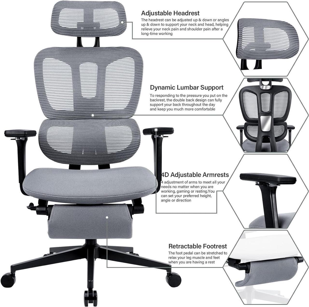 Alt view image 4 of 7 - Ergonomic Office Chair with Footrest, High Back Computer Office Chair with Dynamic Lumbar Support, 2D Headrest, 4D Armrest, Sponge Seat, Mesh Home Office Desk Chair for Adults & Teen, Dark Grey