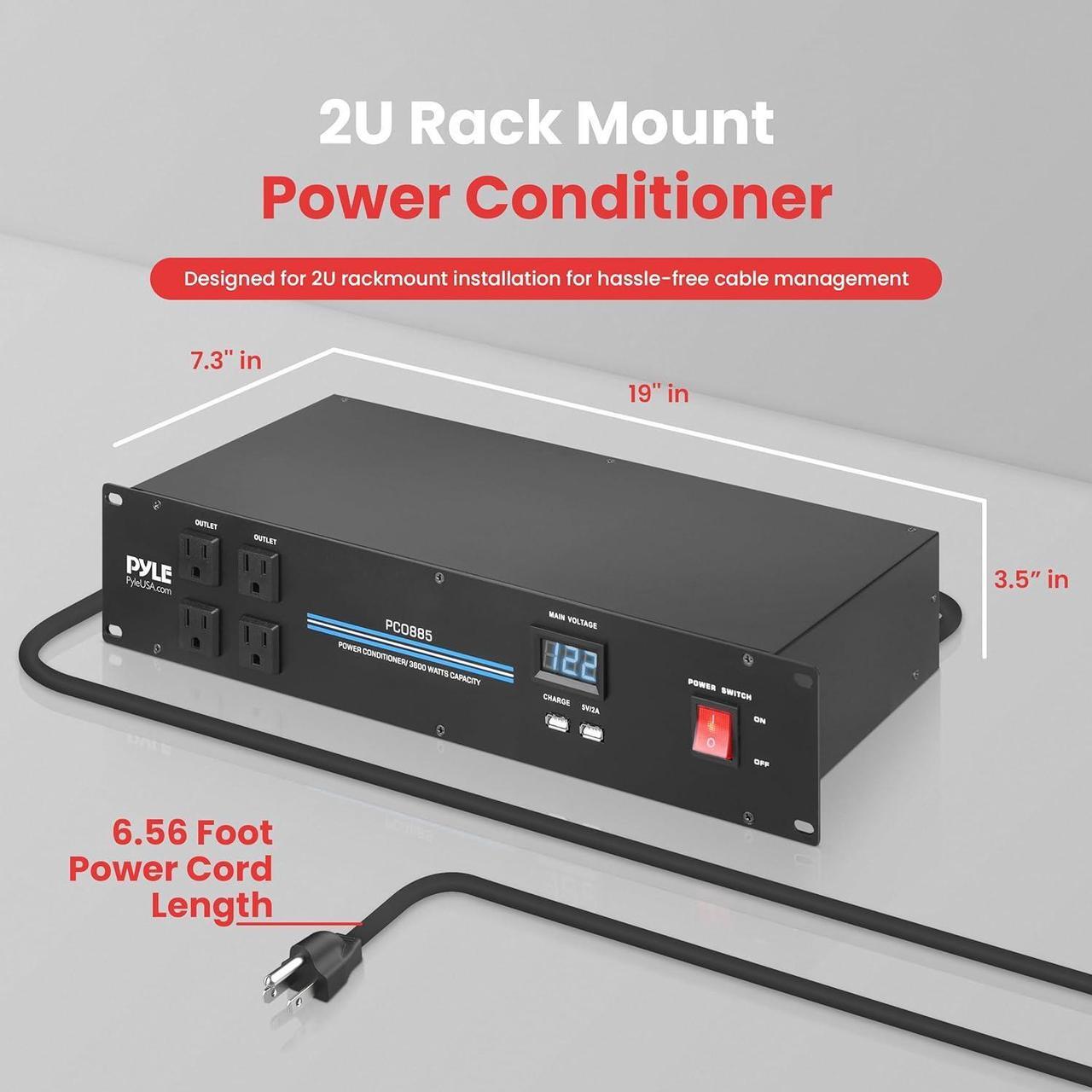 Alt view image 6 of 7 - Pyle PDU Power Strip Surge Protector - 3600 Watt 15 Amp 20 Outlet Heavy Duty Electric Extension Cord - 2U Rack Mount Power Conditioner w/AC Filter