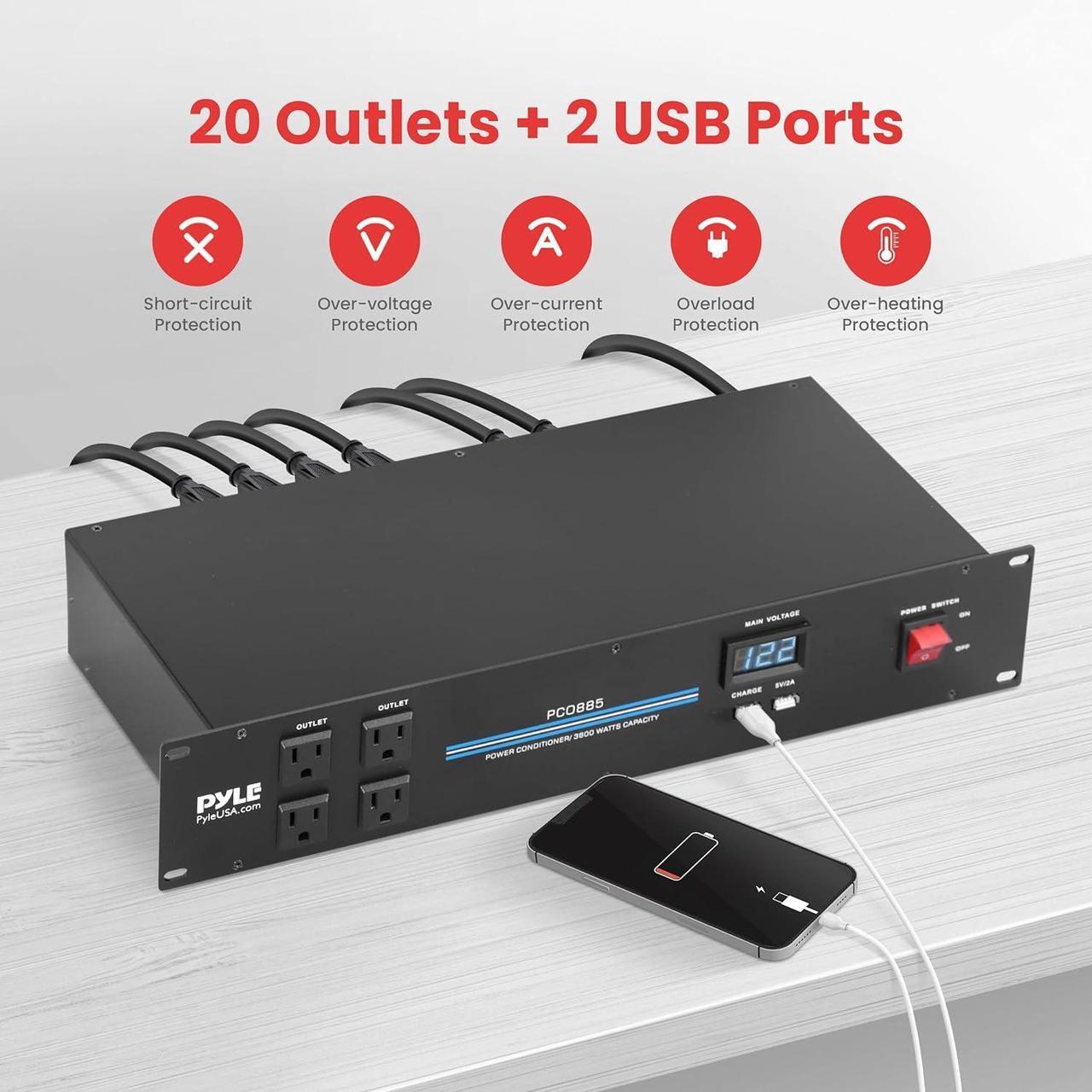 Alt view image 2 of 7 - Pyle PDU Power Strip Surge Protector - 3600 Watt 15 Amp 20 Outlet Heavy Duty Electric Extension Cord - 2U Rack Mount Power Conditioner w/AC Filter