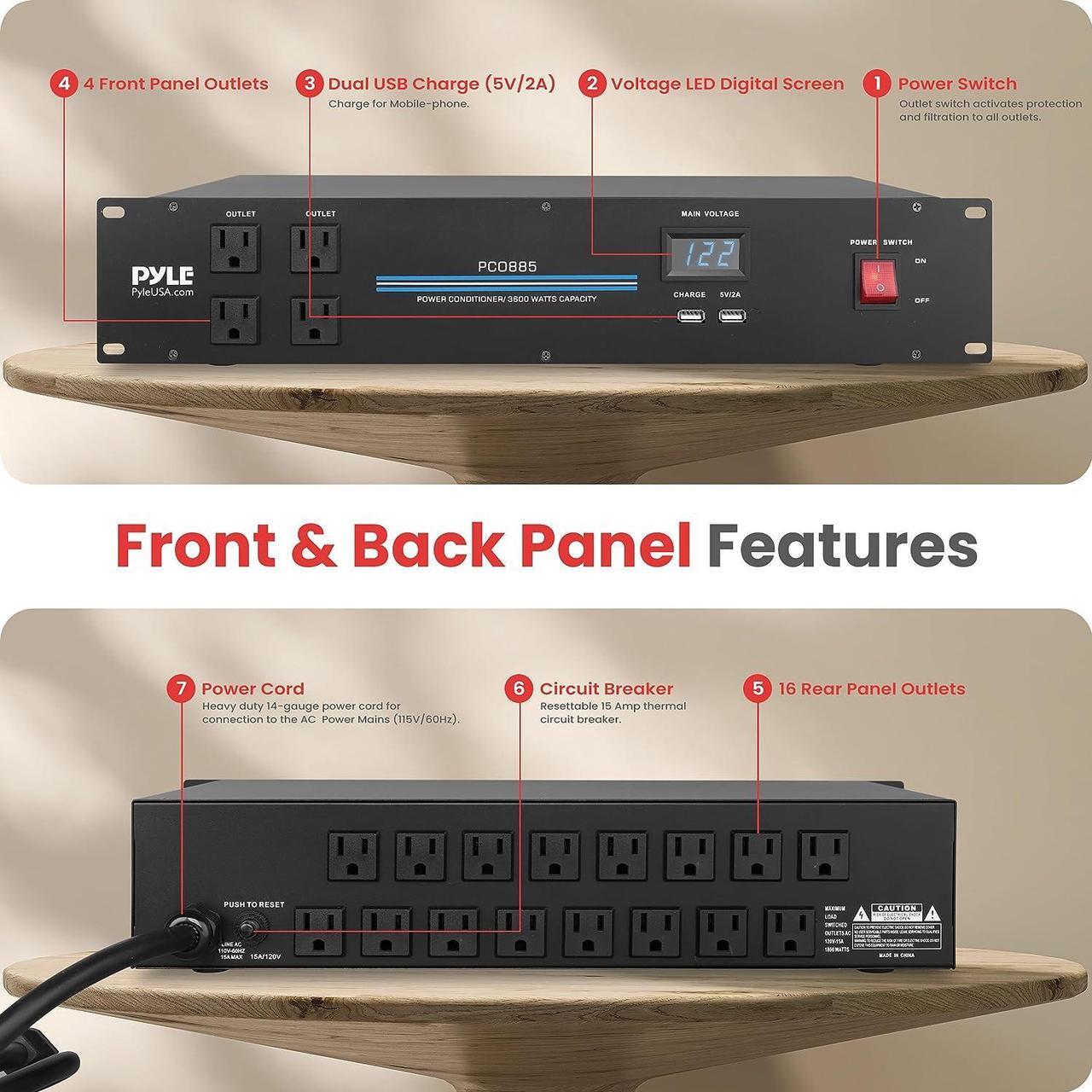 Alt view image 3 of 7 - Pyle PDU Power Strip Surge Protector - 3600 Watt 15 Amp 20 Outlet Heavy Duty Electric Extension Cord - 2U Rack Mount Power Conditioner w/AC Filter