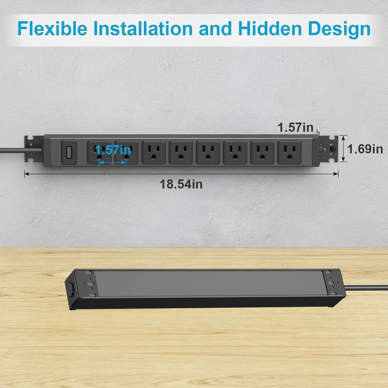 Alt view image 4 of 7 - Metal 360° Rotating Mountable Power Strip, 8 Outlet Gaming Table Mounted Outlet Strip, Heavy Duty Wall Mount Surge Protector with Switch, 15A 125V 1875W, 6ft Power Cord.(Black)