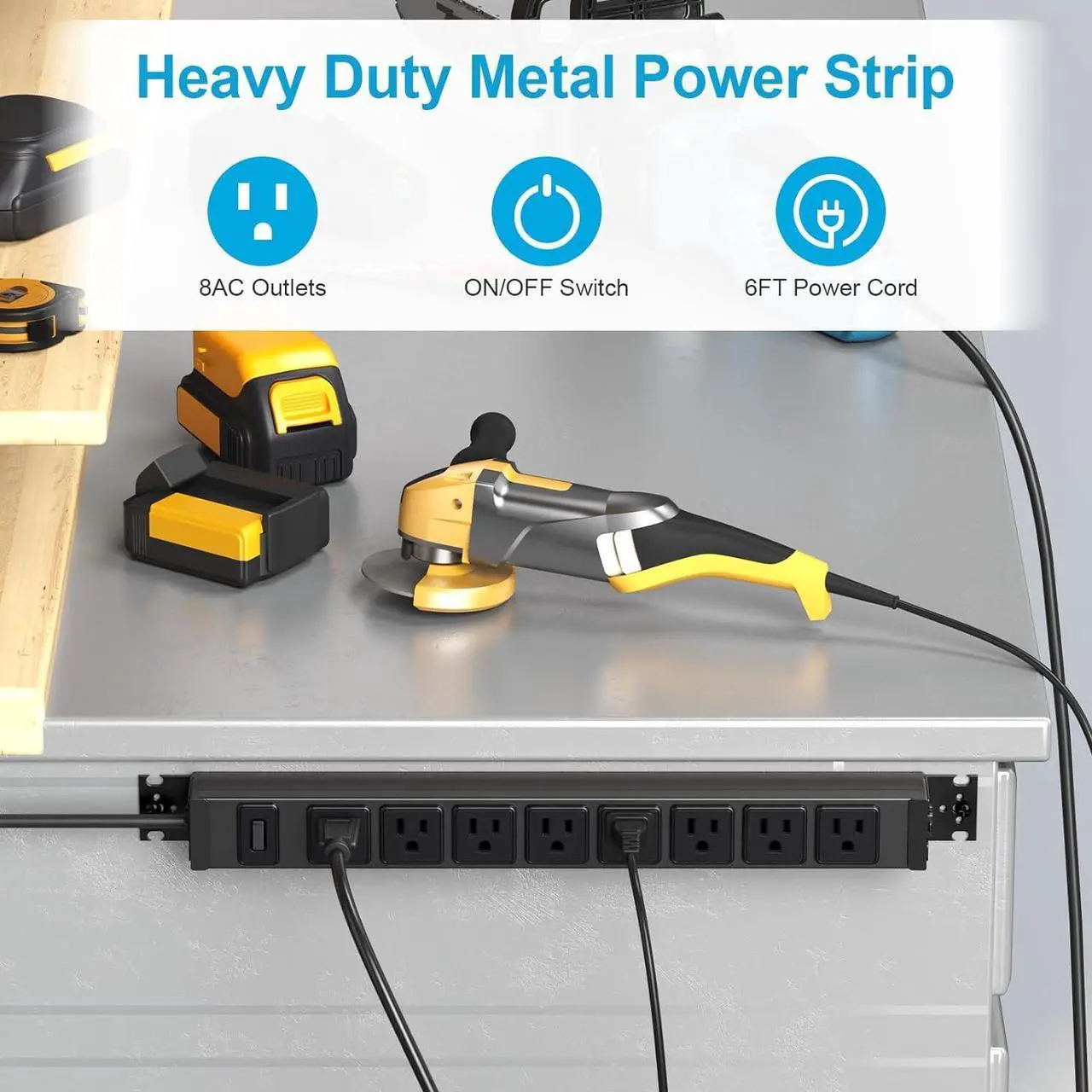 Alt view image 7 of 7 - Metal 360° Rotating Mountable Power Strip, 8 Outlet Gaming Table Mounted Outlet Strip, Heavy Duty Wall Mount Surge Protector with Switch, 15A 125V 1875W, 6ft Power Cord.(Black)