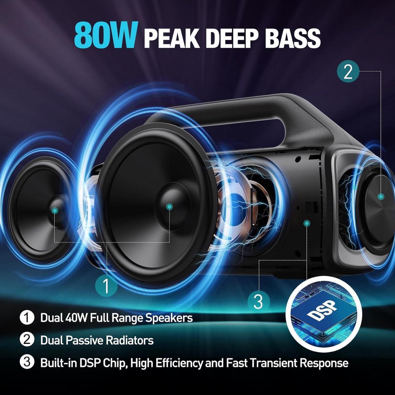Alt view image 2 of 7 - Portable Bluetooth Speakers, 80W Peak Wireless Outdoor Speaker with Subwoofer, Deep Bass, IP67 Waterproof, 100dB Loud Party Speakers for Camping, Beach, Garage