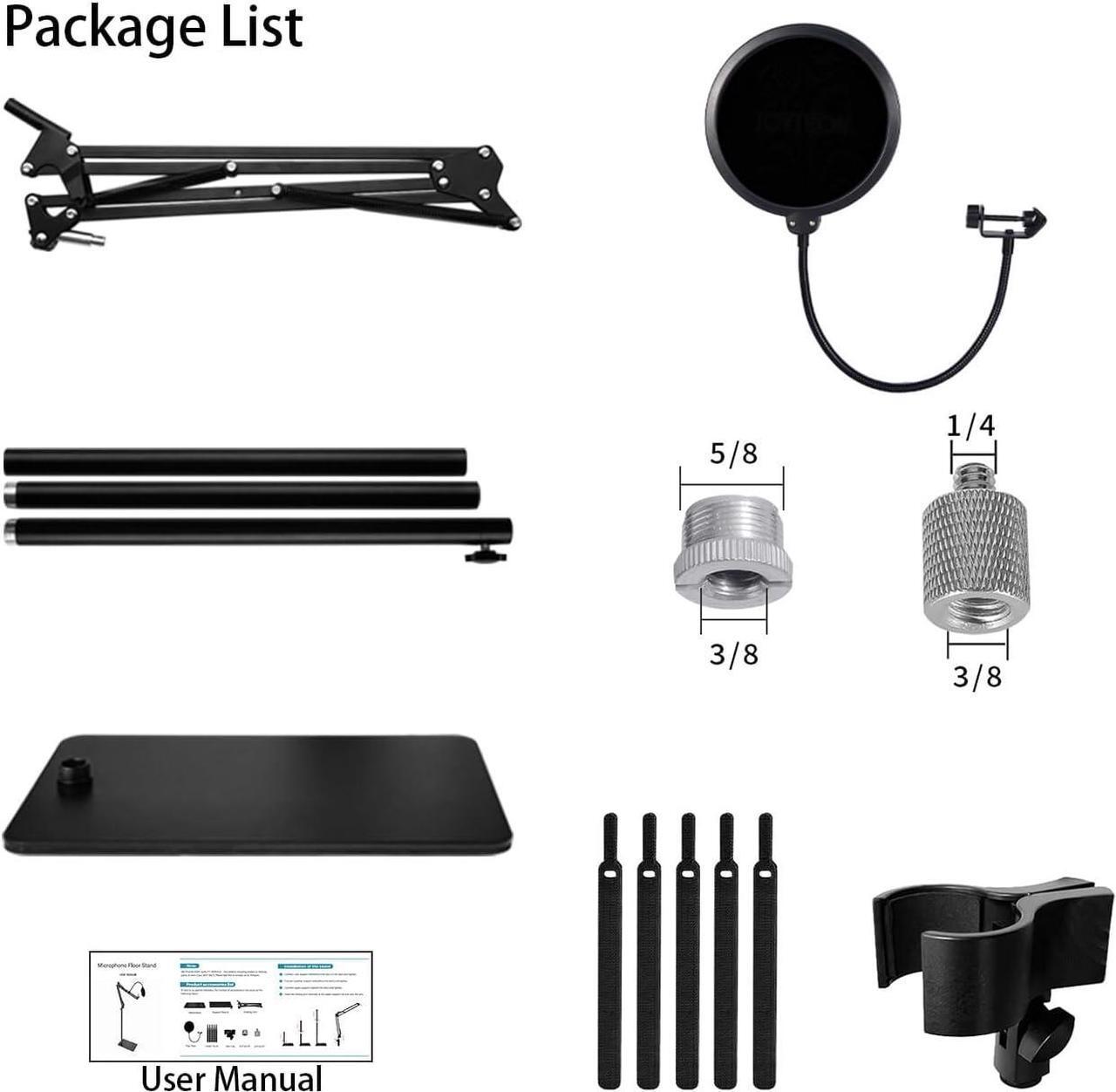 Alt view image 6 of 6 - Boom Arm Floor Mic Stand for Blue Yeti, Yeti Nano, Snowball, HyperX QuadCast and More Microphone, Adjustable Suspension Boom Arm Stand with 3/8" to 5/8" 1/4" Screw, Pop Filter, Mic Clip, Cable Ties