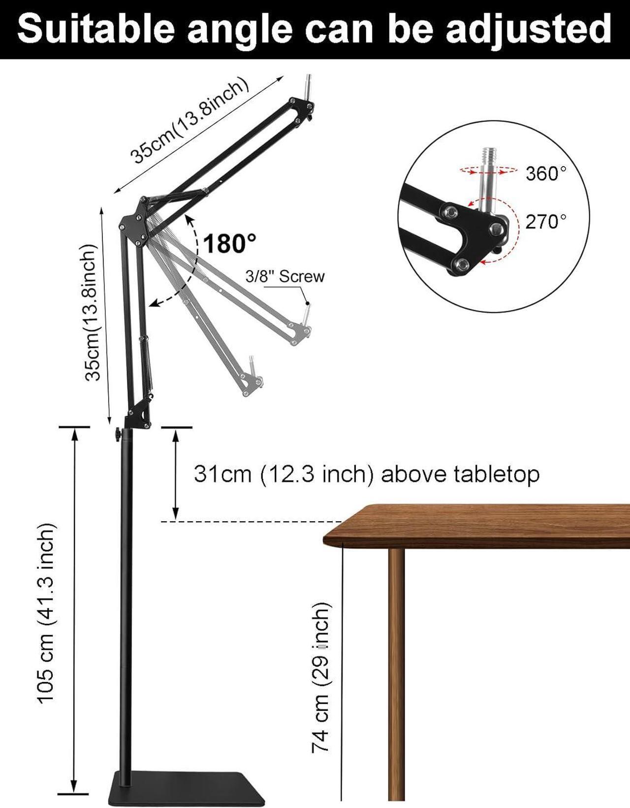 Alt view image 3 of 6 - Boom Arm Floor Mic Stand for Blue Yeti, Yeti Nano, Snowball, HyperX QuadCast and More Microphone, Adjustable Suspension Boom Arm Stand with 3/8" to 5/8" 1/4" Screw, Pop Filter, Mic Clip, Cable Ties