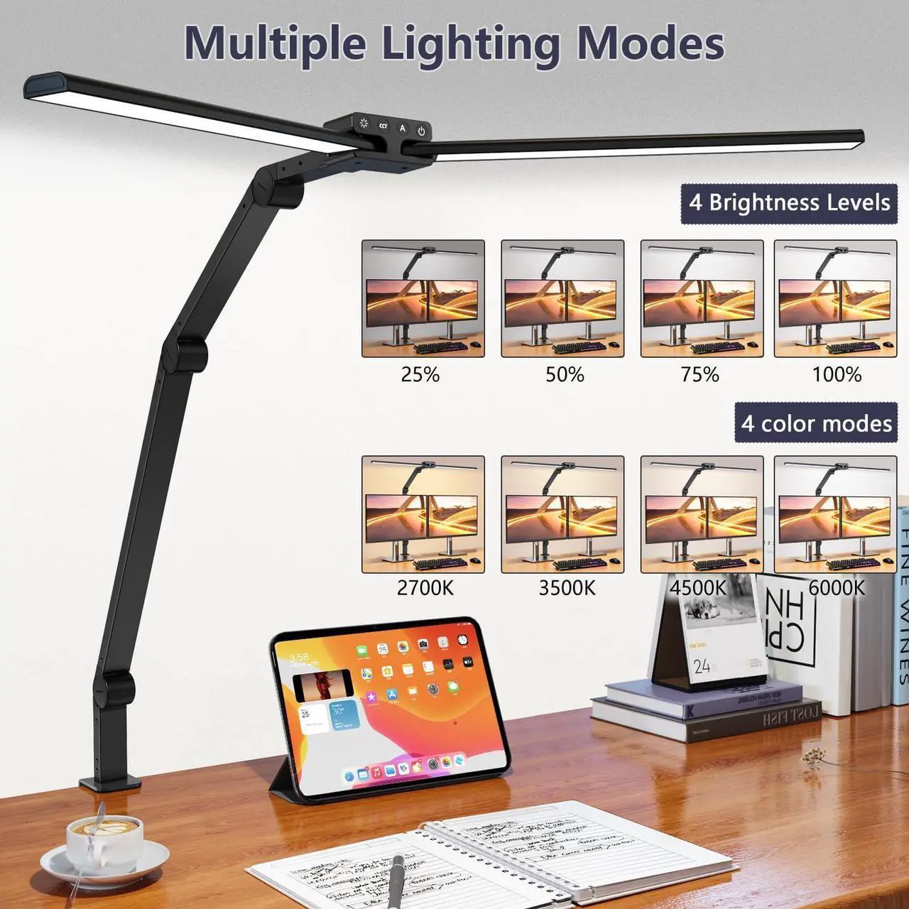 Alt view image 6 of 7 - Desk Lamp,Double Head Desk Lamp with Clamp,24W Led Desk Lights for Home Office Ultra Bright Architect Table Lamp 4 Brightness 4 Color,Auto Dimming Task Lamp for Monitor Work Study
