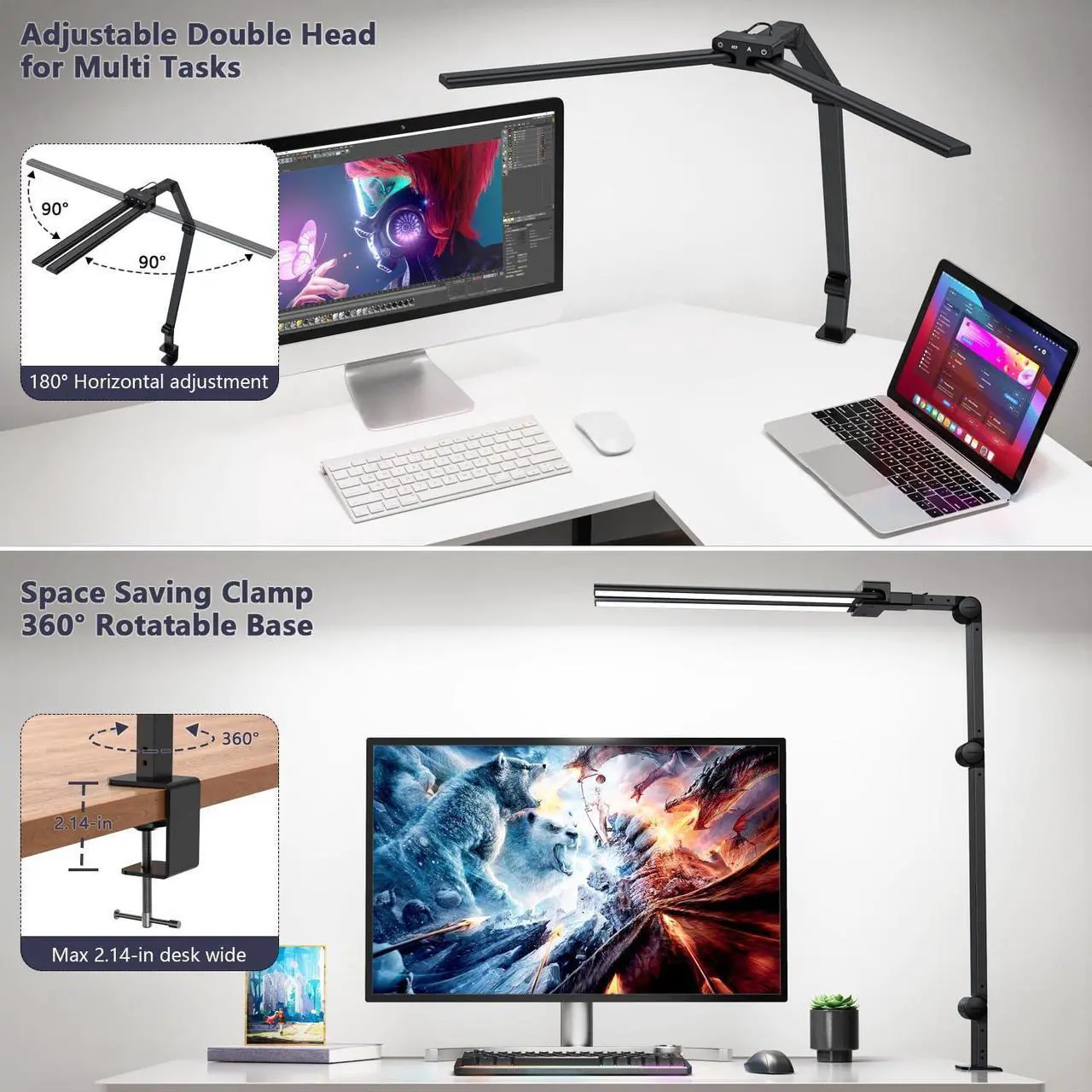 Alt view image 2 of 7 - Desk Lamp,Double Head Desk Lamp with Clamp,24W Led Desk Lights for Home Office Ultra Bright Architect Table Lamp 4 Brightness 4 Color,Auto Dimming Task Lamp for Monitor Work Study