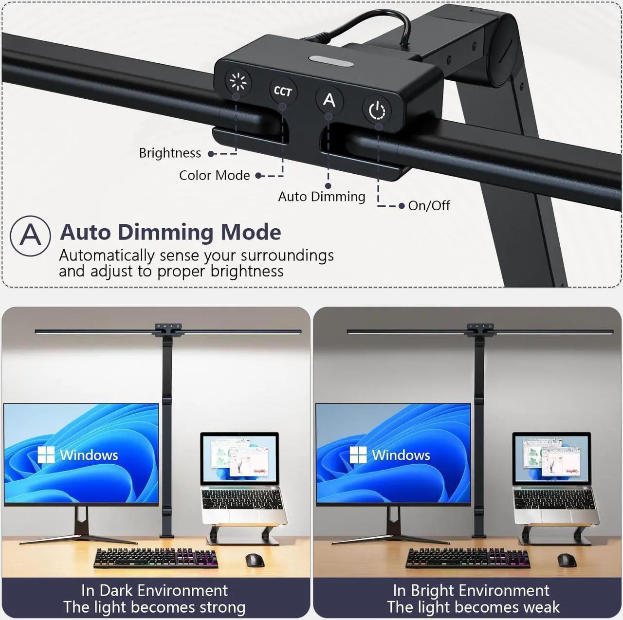 Alt view image 4 of 7 - Desk Lamp,Double Head Desk Lamp with Clamp,24W Led Desk Lights for Home Office Ultra Bright Architect Table Lamp 4 Brightness 4 Color,Auto Dimming Task Lamp for Monitor Work Study