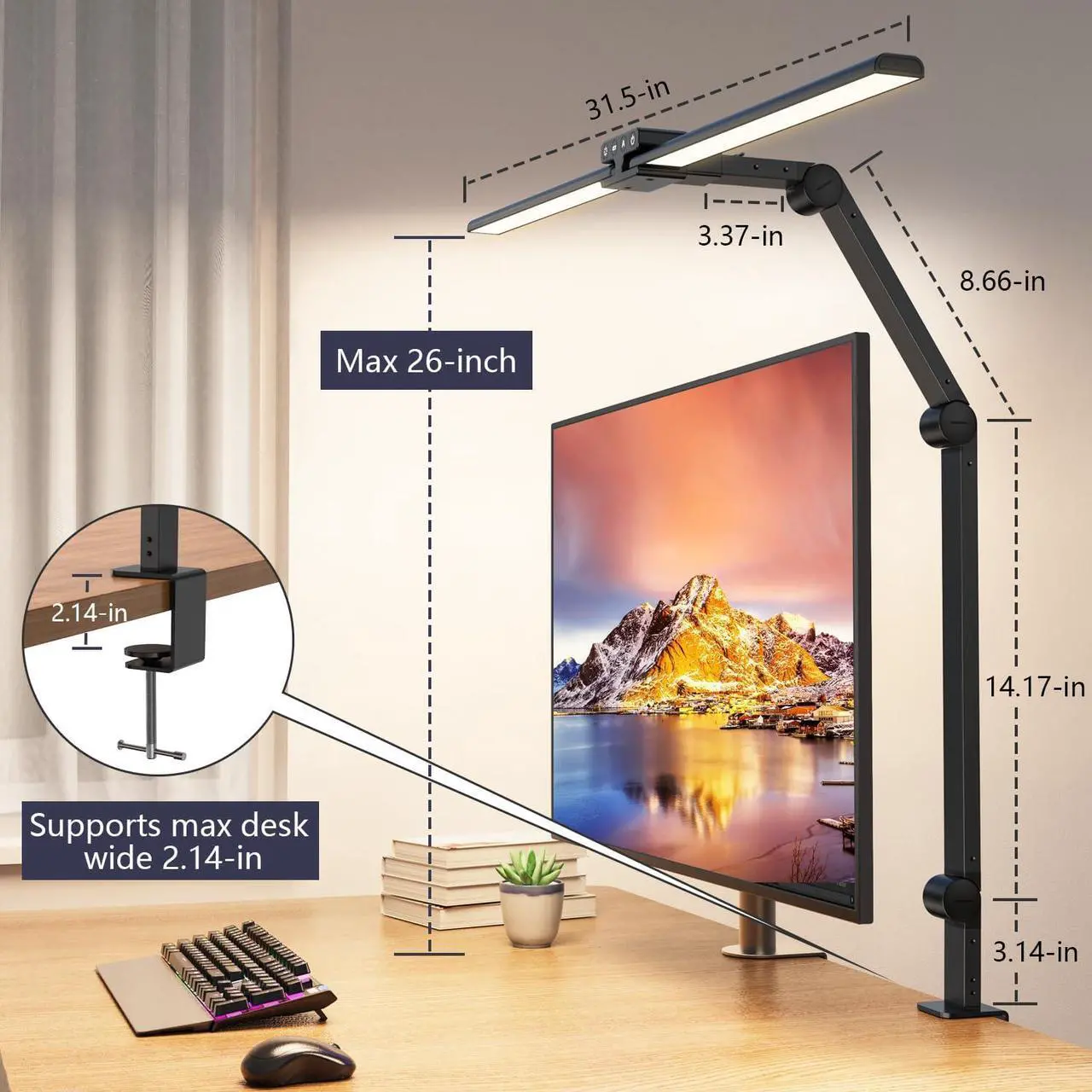 Alt view image 7 of 7 - Desk Lamp,Double Head Desk Lamp with Clamp,24W Led Desk Lights for Home Office Ultra Bright Architect Table Lamp 4 Brightness 4 Color,Auto Dimming Task Lamp for Monitor Work Study