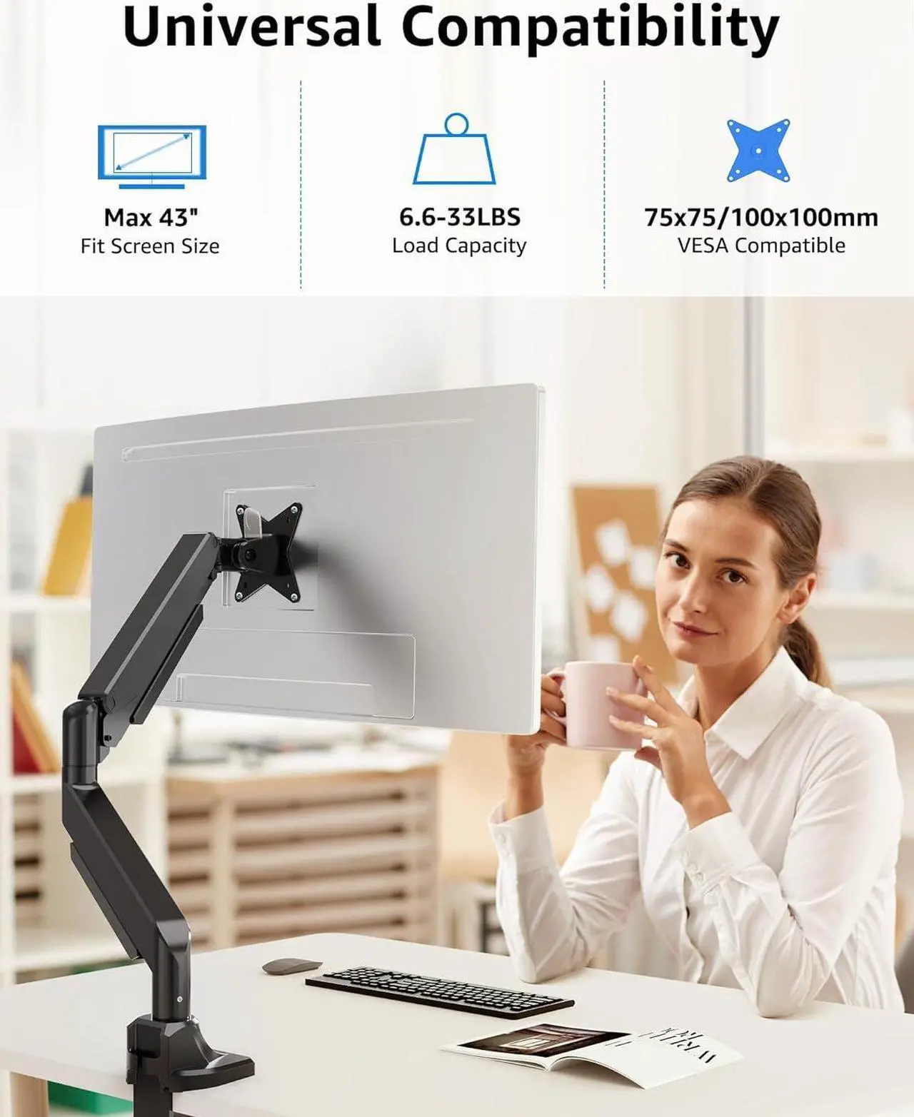 Alt view image 3 of 7 - Single Monitor Mount fits 17''-43'' Ultrawide Screen, Holds 6.6-33lbs, Computer Monitor Arm Desk Mount, Heavy Duty Gas Spring Monitor Stand for Flat/Curved Screen, with C-clamp/Grommet Base