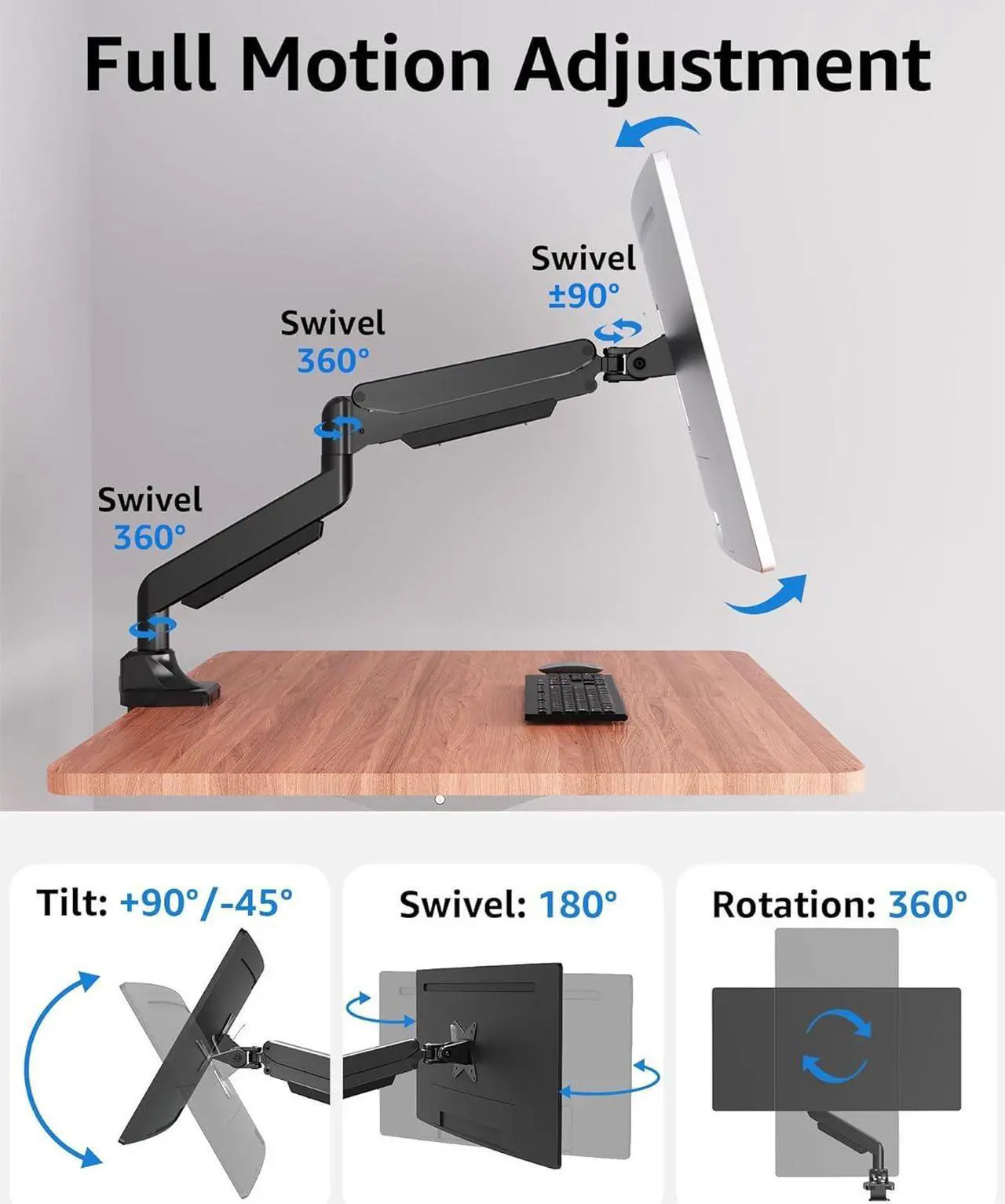 Alt view image 4 of 7 - Single Monitor Mount fits 17''-43'' Ultrawide Screen, Holds 6.6-33lbs, Computer Monitor Arm Desk Mount, Heavy Duty Gas Spring Monitor Stand for Flat/Curved Screen, with C-clamp/Grommet Base