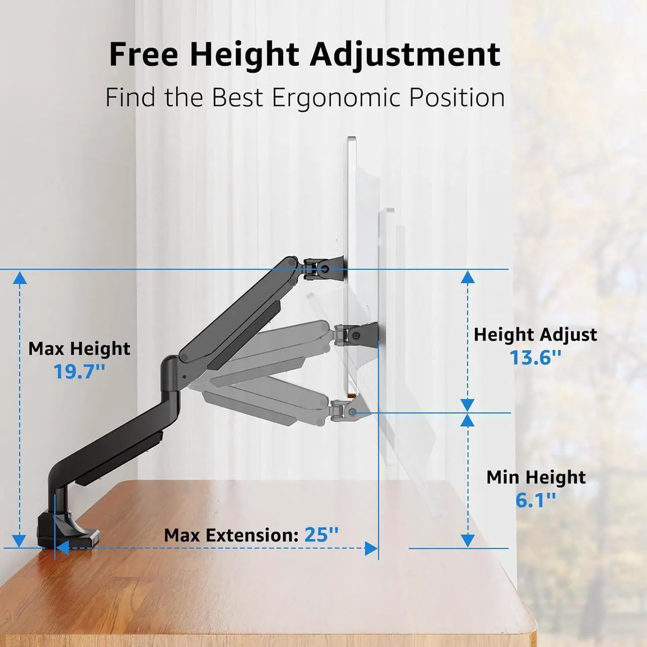 Alt view image 6 of 7 - Single Monitor Mount fits 17''-43'' Ultrawide Screen, Holds 6.6-33lbs, Computer Monitor Arm Desk Mount, Heavy Duty Gas Spring Monitor Stand for Flat/Curved Screen, with C-clamp/Grommet Base